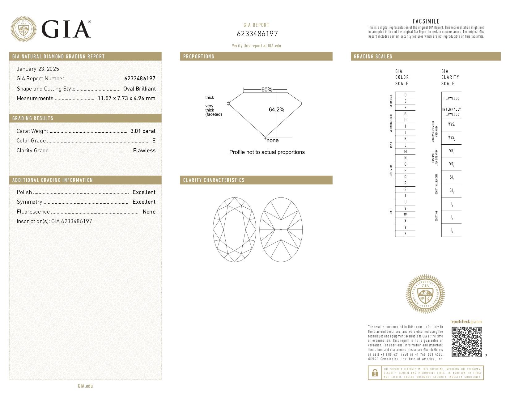 GIA Certified 3.01 Carat Oval Cut Diamond E Color Flawless Clarity Platinum Ring In New Condition For Sale In Chicago, IL