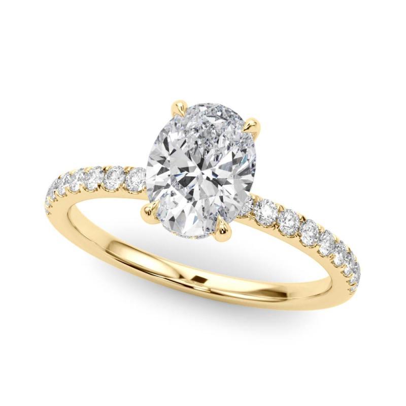 Taglio ovale GIA Certified 3,01 Carat Oval Hidden Halo Pave Anello con diamanti in oro giallo 18K in vendita