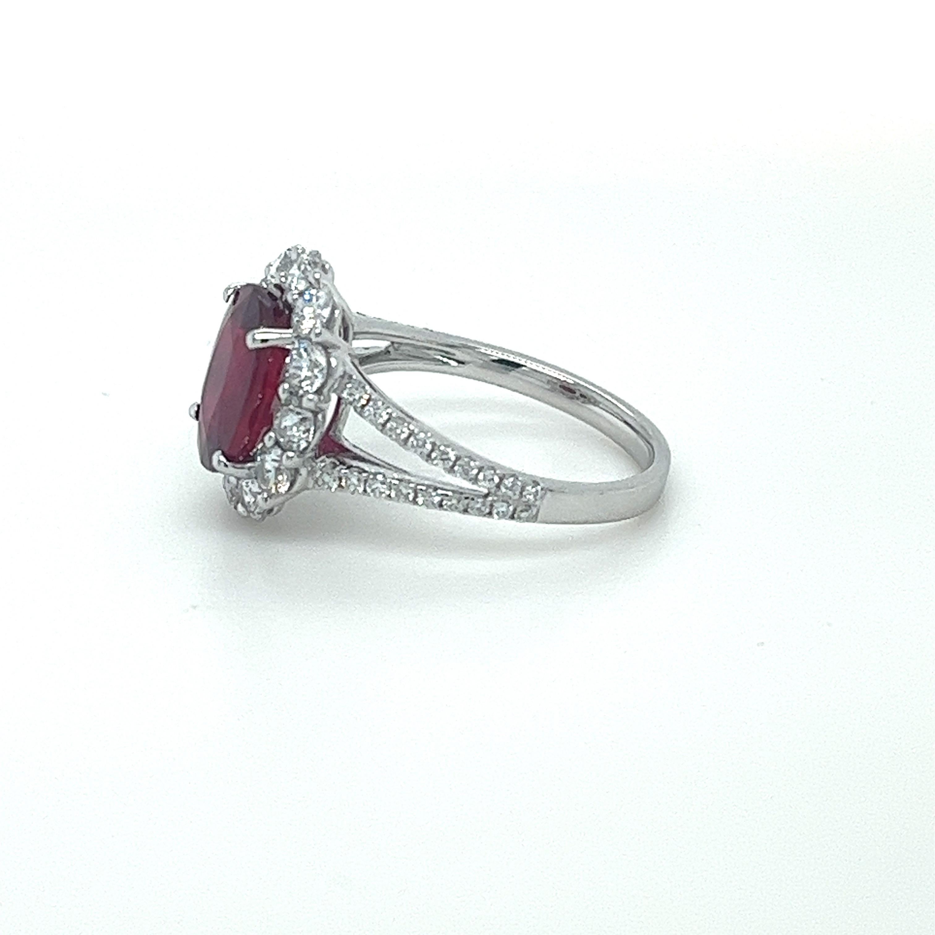 Oval Cut GIA Certified 3.01 Carat Oval Ruby & Diamond Ring in 18 Karat White Gold For Sale