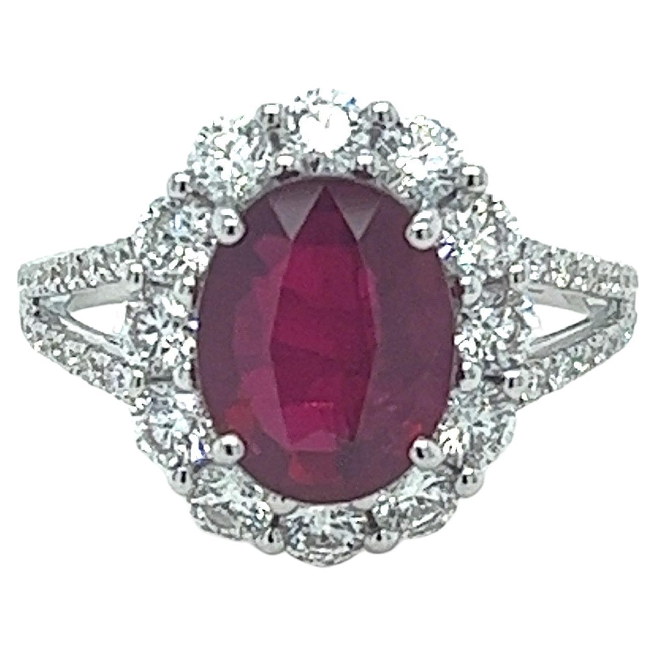 GIA Certified 3.01 Carat Oval Ruby & Diamond Ring in 18 Karat White Gold For Sale