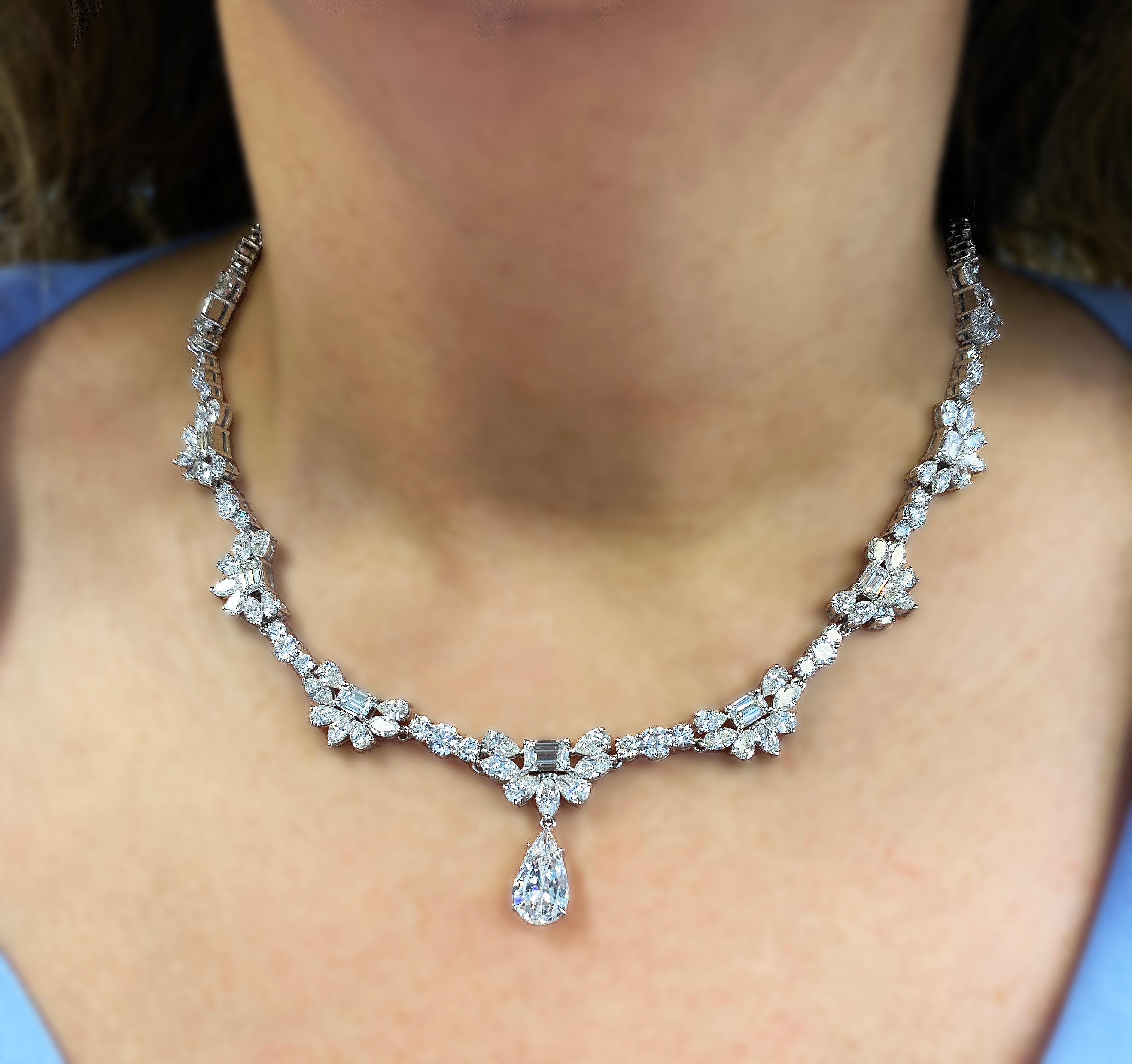 GIA Certified Pear Shape Drop Multi Shape All Diamond Platinum Necklace In Excellent Condition For Sale In Boca Raton, FL