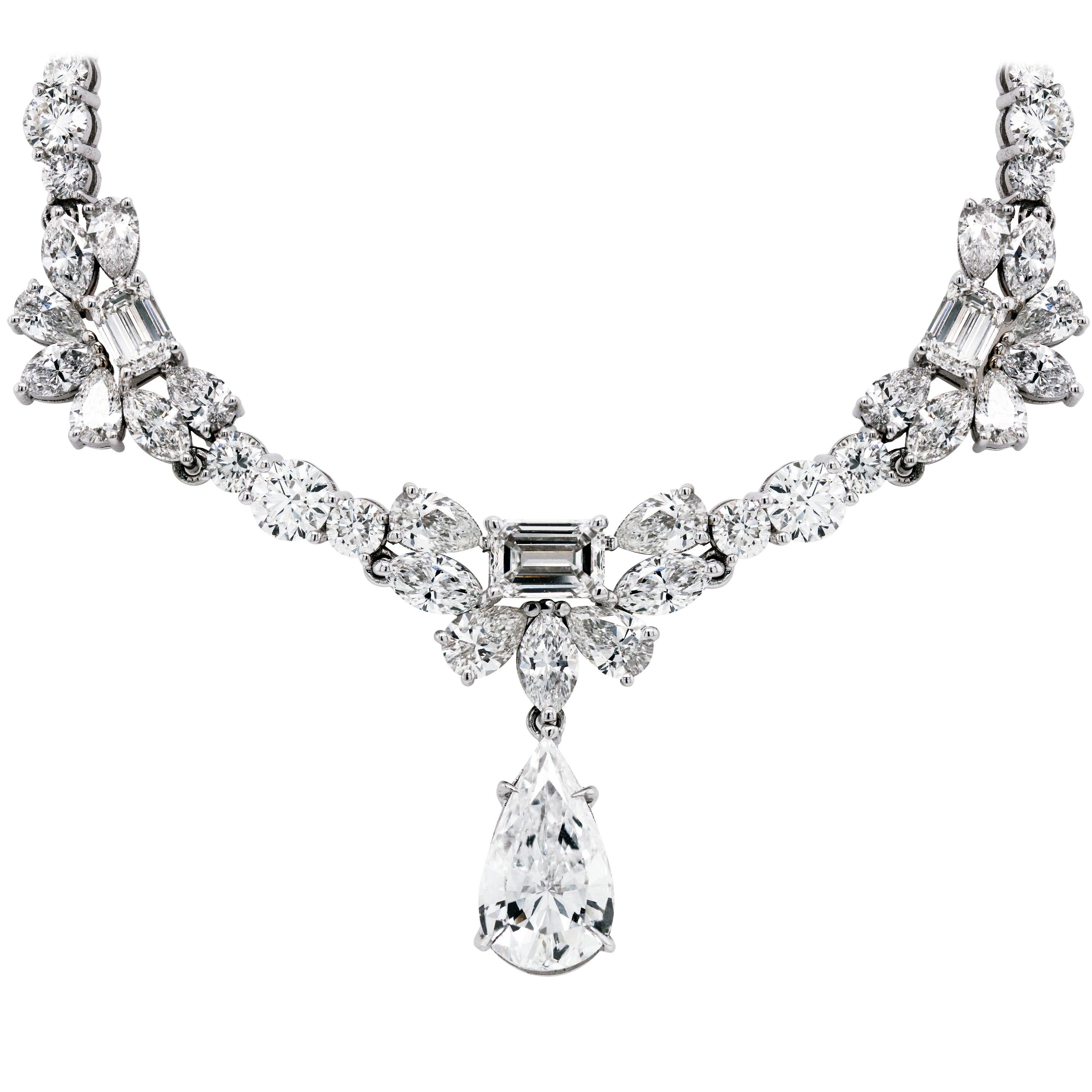 GIA Certified Pear Shape Drop Multi Shape All Diamond Platinum Necklace For Sale
