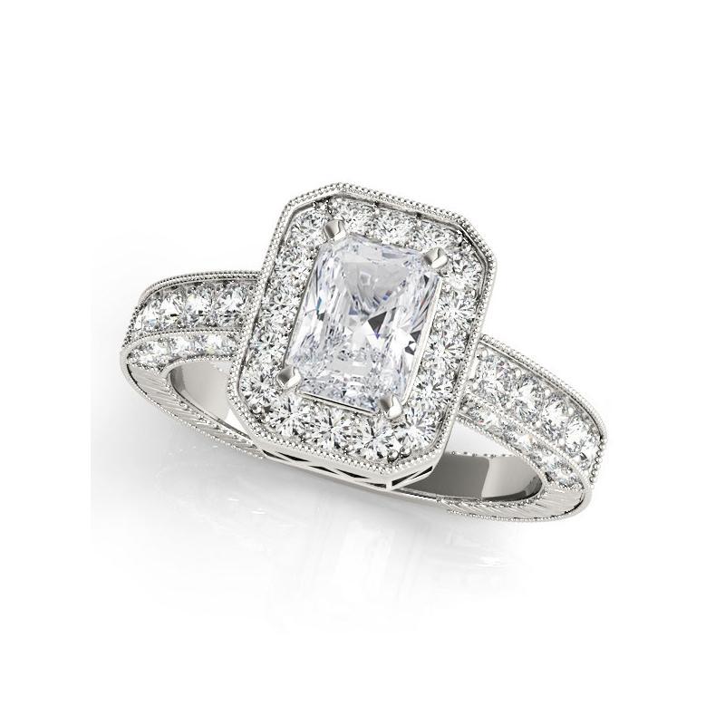 GIA zertifiziert 3,01 Karat Radiant Halo Openwork Pave Platin Diamant Ring (Radiantschliff) im Angebot