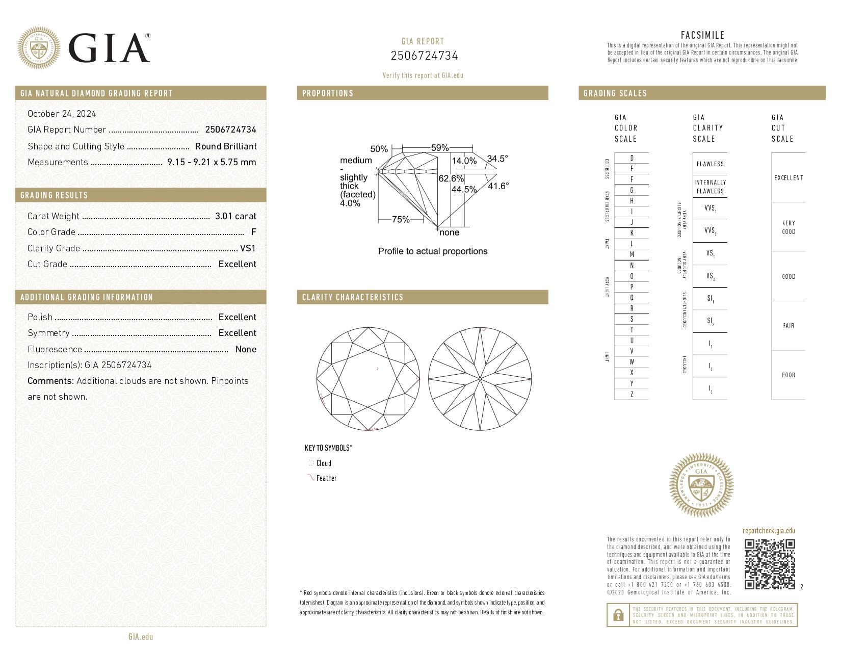 GIA Certified 3.01 Carat Round Cut F Color Diamond Ring with tapered baguette In New Condition For Sale In Chicago, IL