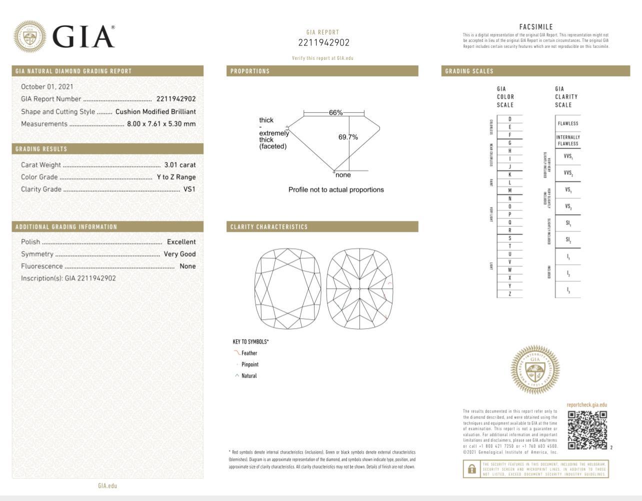 GIA Certified 3.01 Carat Y-Z Colour VS1 Clarity Diamond Ring For Sale 3