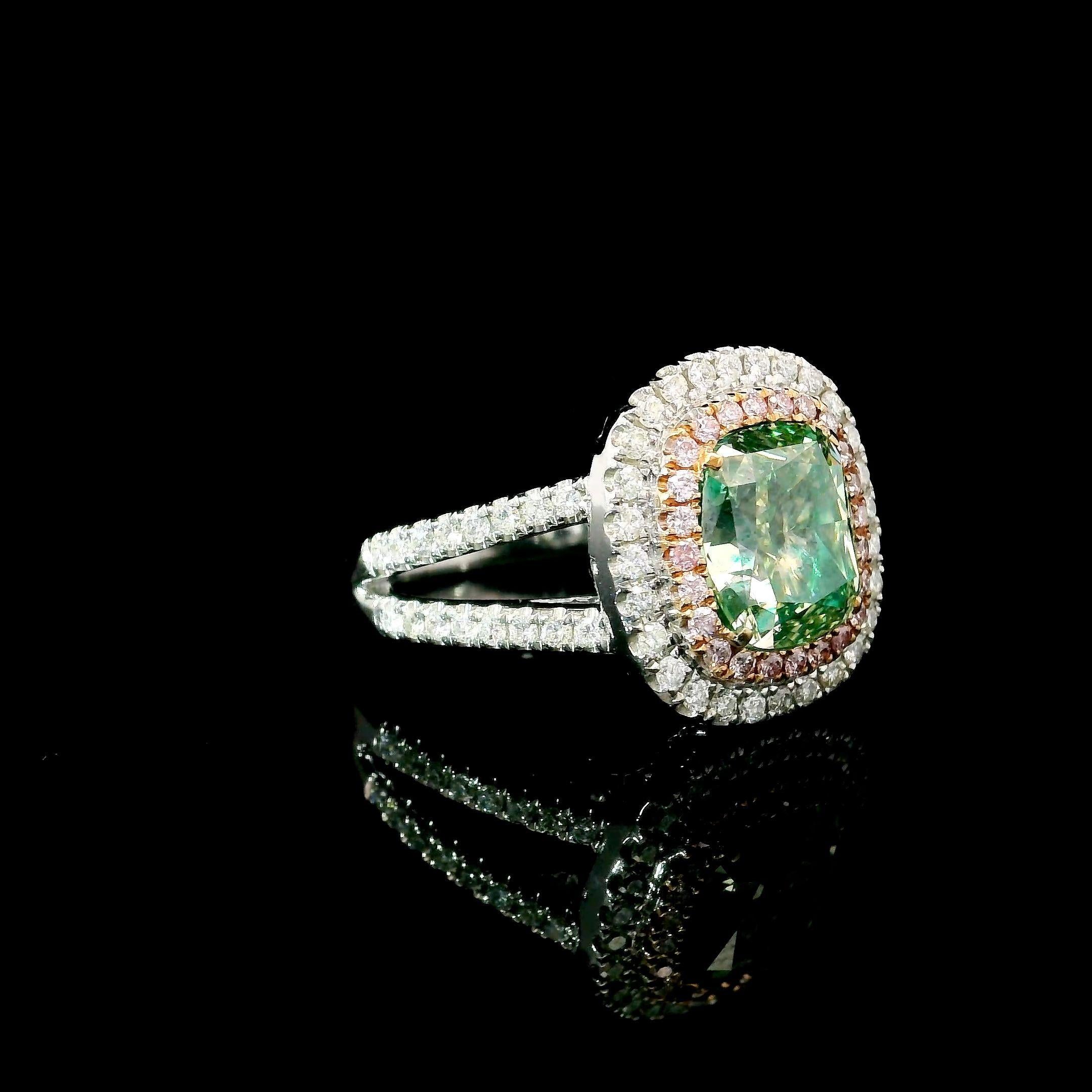Cushion Cut GIA Certified 3.01 CT Fancy Light Brownish Greenish Yellow SI Clarity 18K Ring For Sale