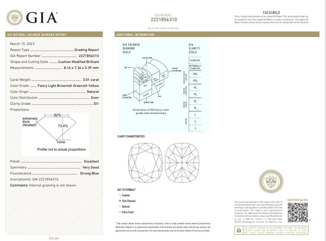 GIA Certified 3.01 CT Fancy Light Brownish Greenish Yellow SI Clarity 18K Ring For Sale 3