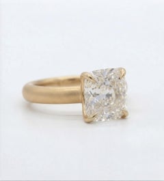 GIA Certified 3.01 Cushion Cut E Color Diamond Solitaire Ring in 18K Yellow Gold