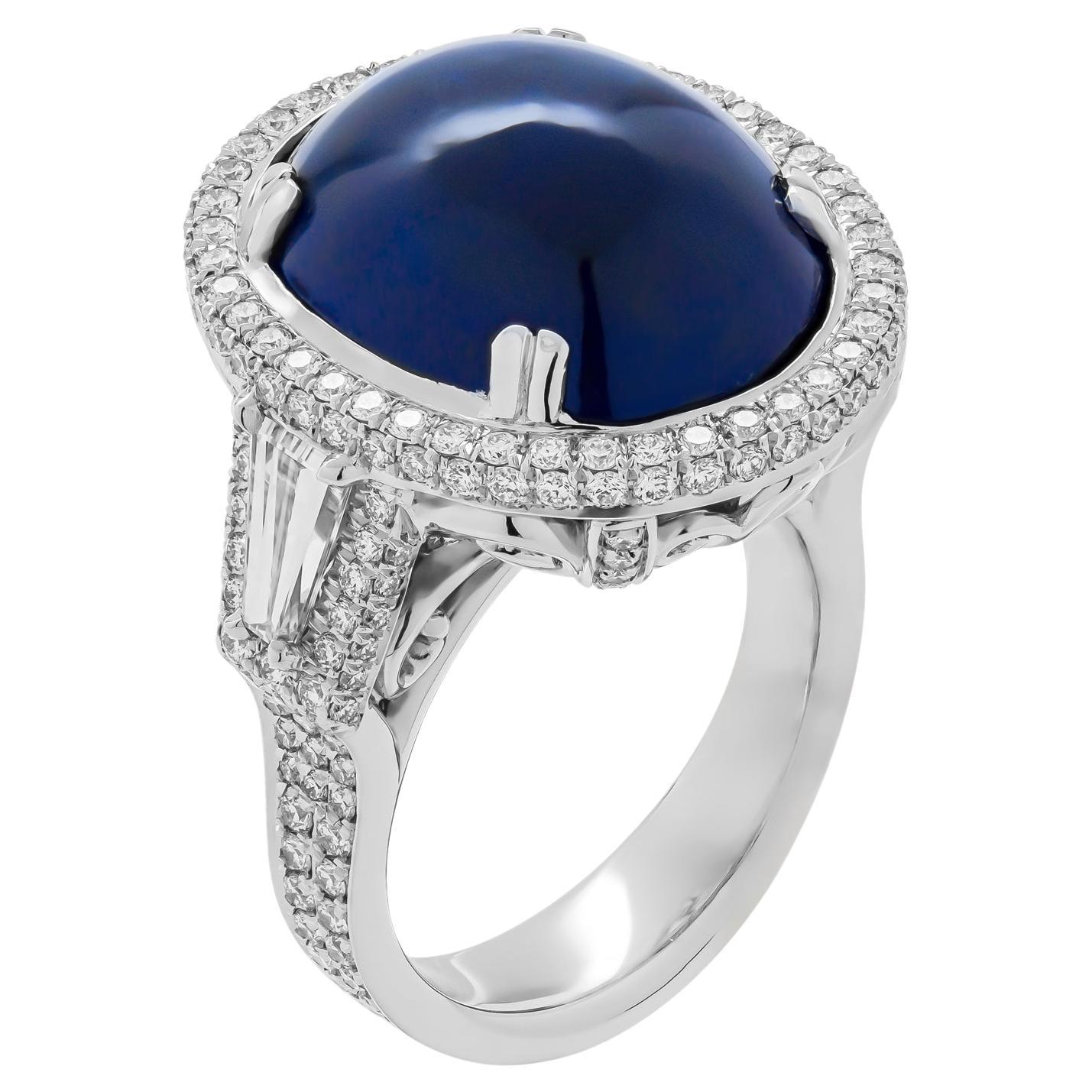 GIA Certified 30.18 Carat Oval Sapphire Cabochon Diamond Cocktail Ring For Sale