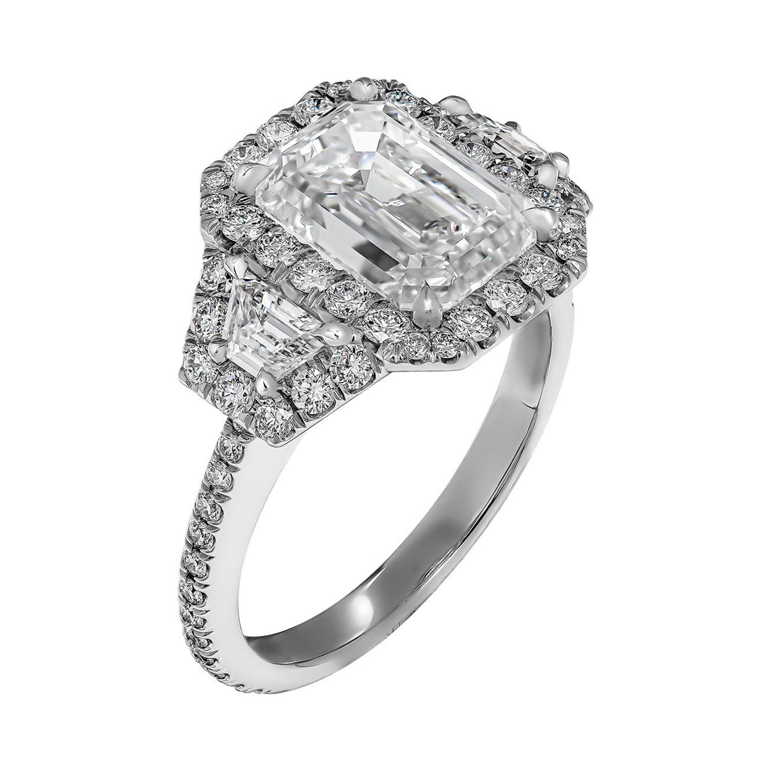 GIA Certified 3.01ct H VVS1 Emerald Cut Three-Stone Ring