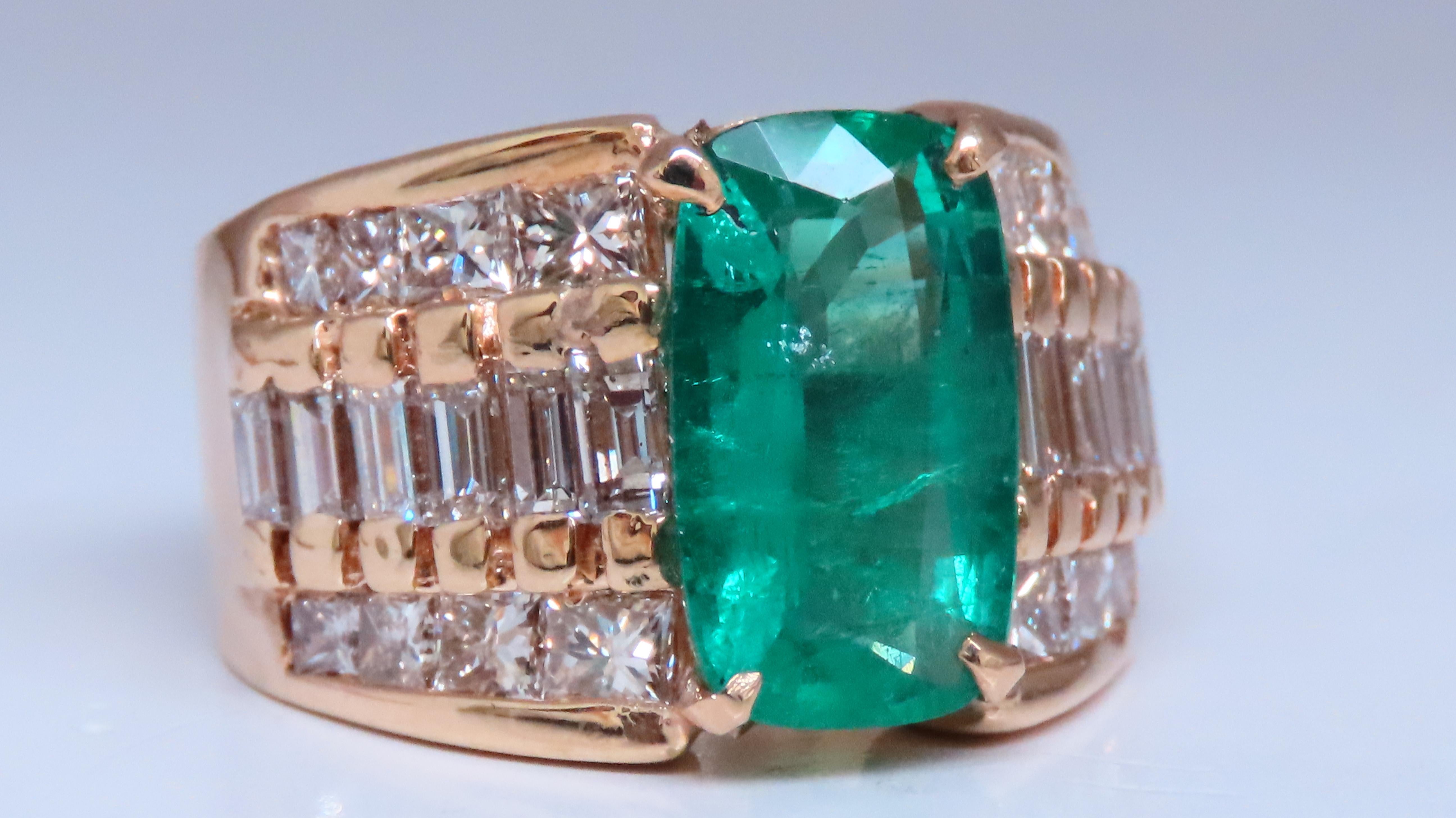 GIA Certified 3.01ct natural emerald ring.
Report 2225531445 to accompany.
Stating 12.70 x 7.50 x 4.47mm 
F2 Clarity Enhancement
2.20ct Baguette and princess cut diamonds.
H-color Vs-2 clarity.
14kt. yellow gold. 8.9 grams
Ring Size: 7
Depth of