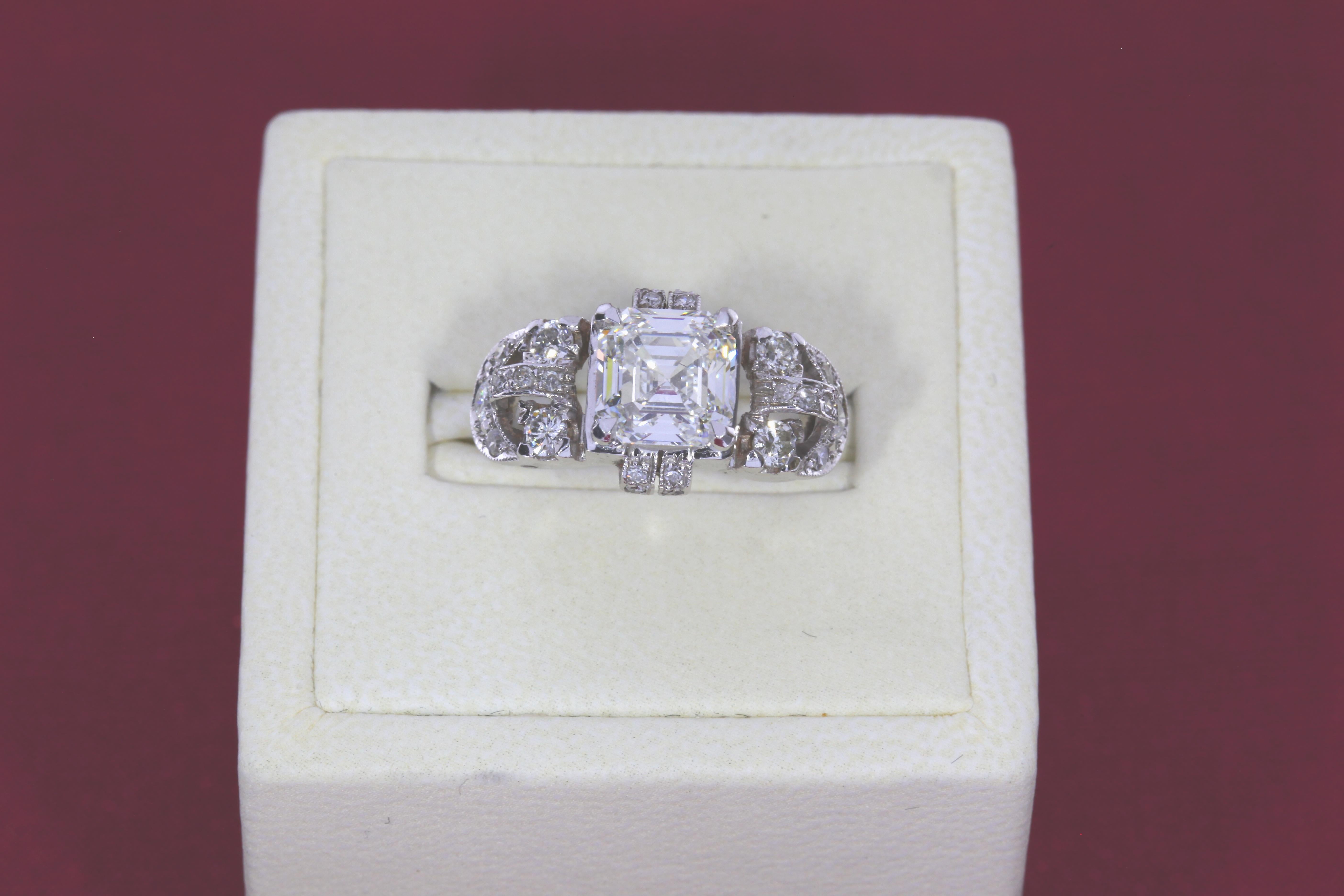 GIA Certified 3.02 Carat Asscher Cut Diamond Art Nouveau Ring For Sale 1