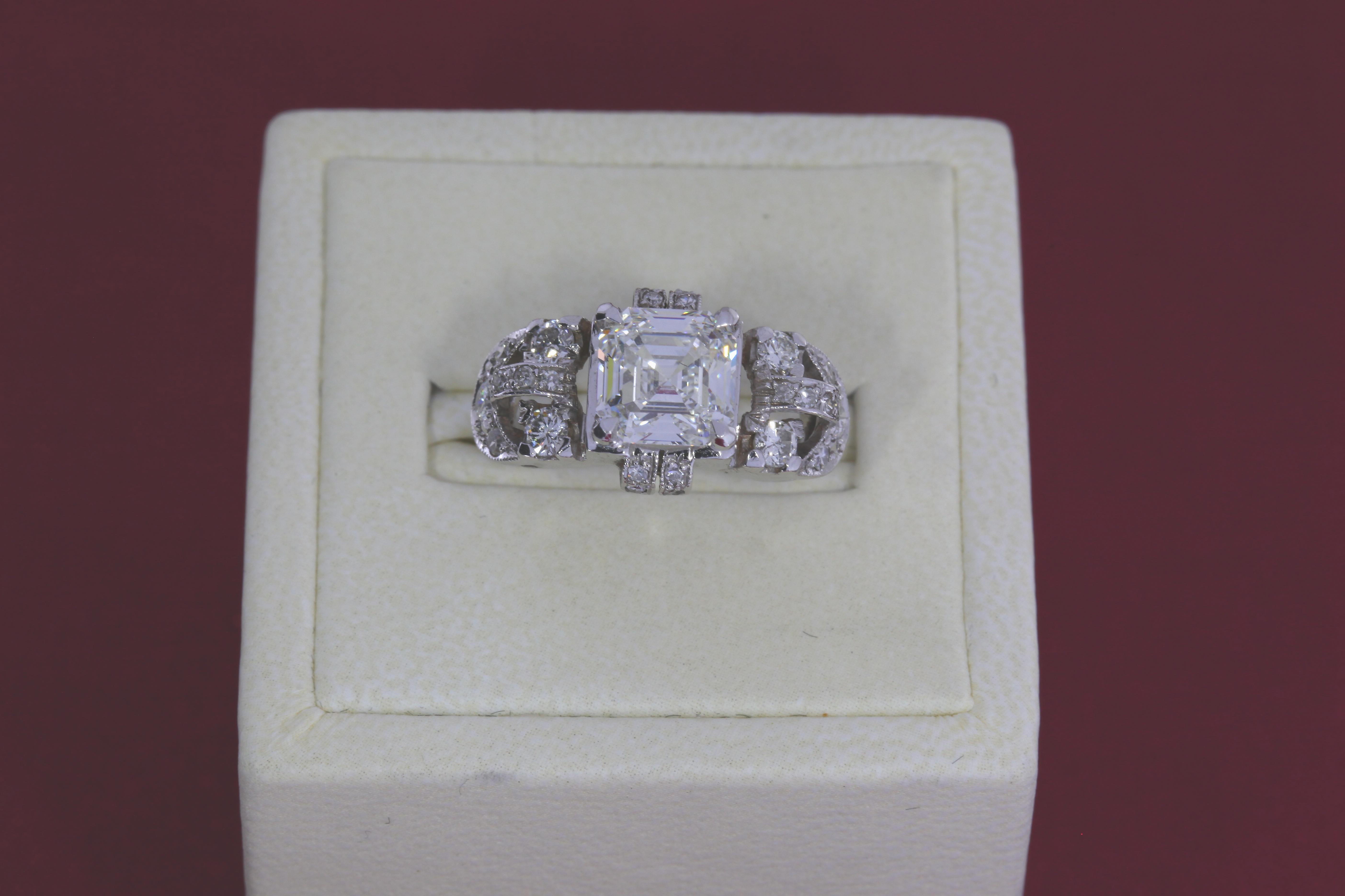 GIA Certified 3.02 Carat Asscher Cut Diamond Art Nouveau Ring For Sale 2