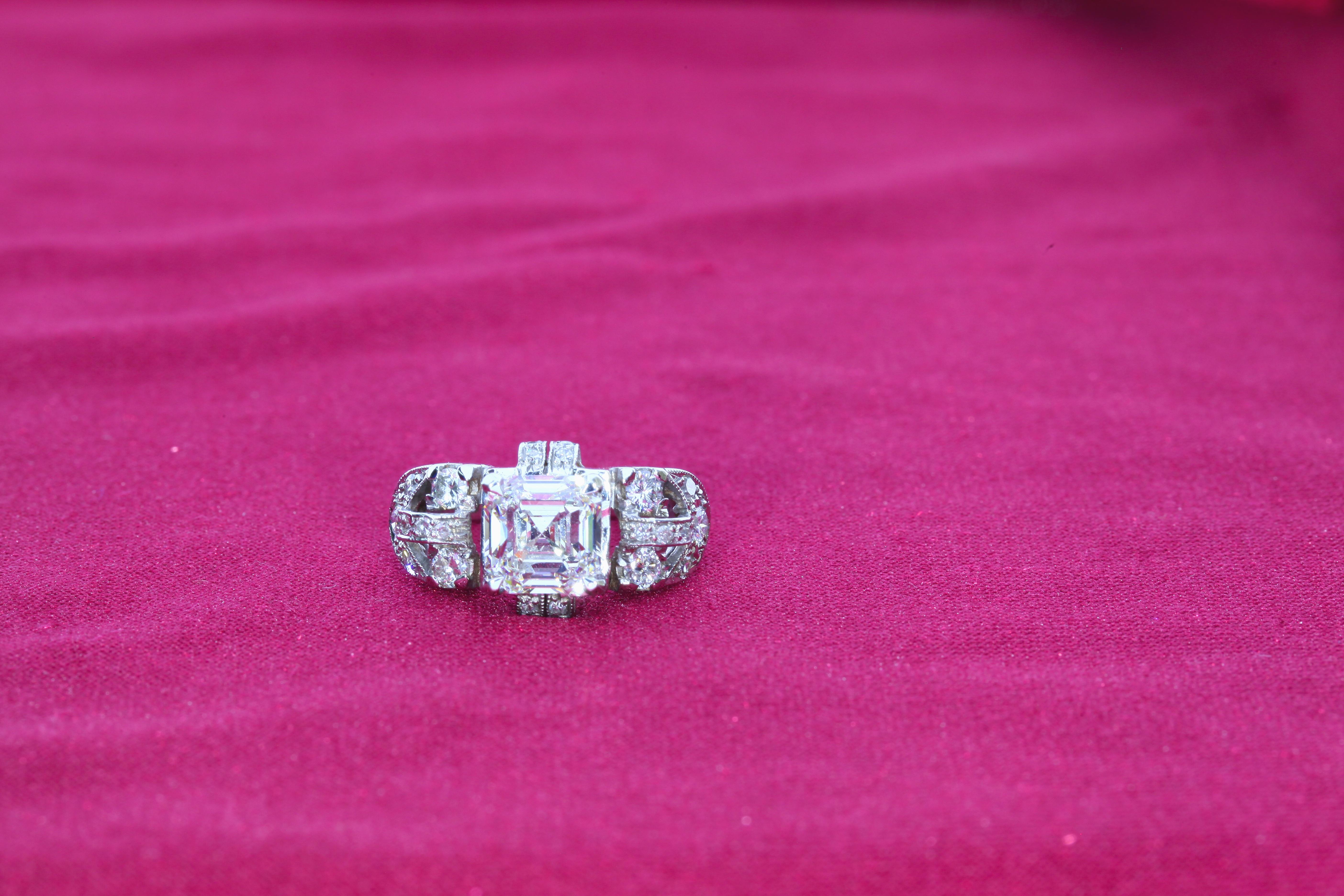 GIA Certified 3.02 Carat Asscher Cut Diamond Art Nouveau Ring For Sale 3