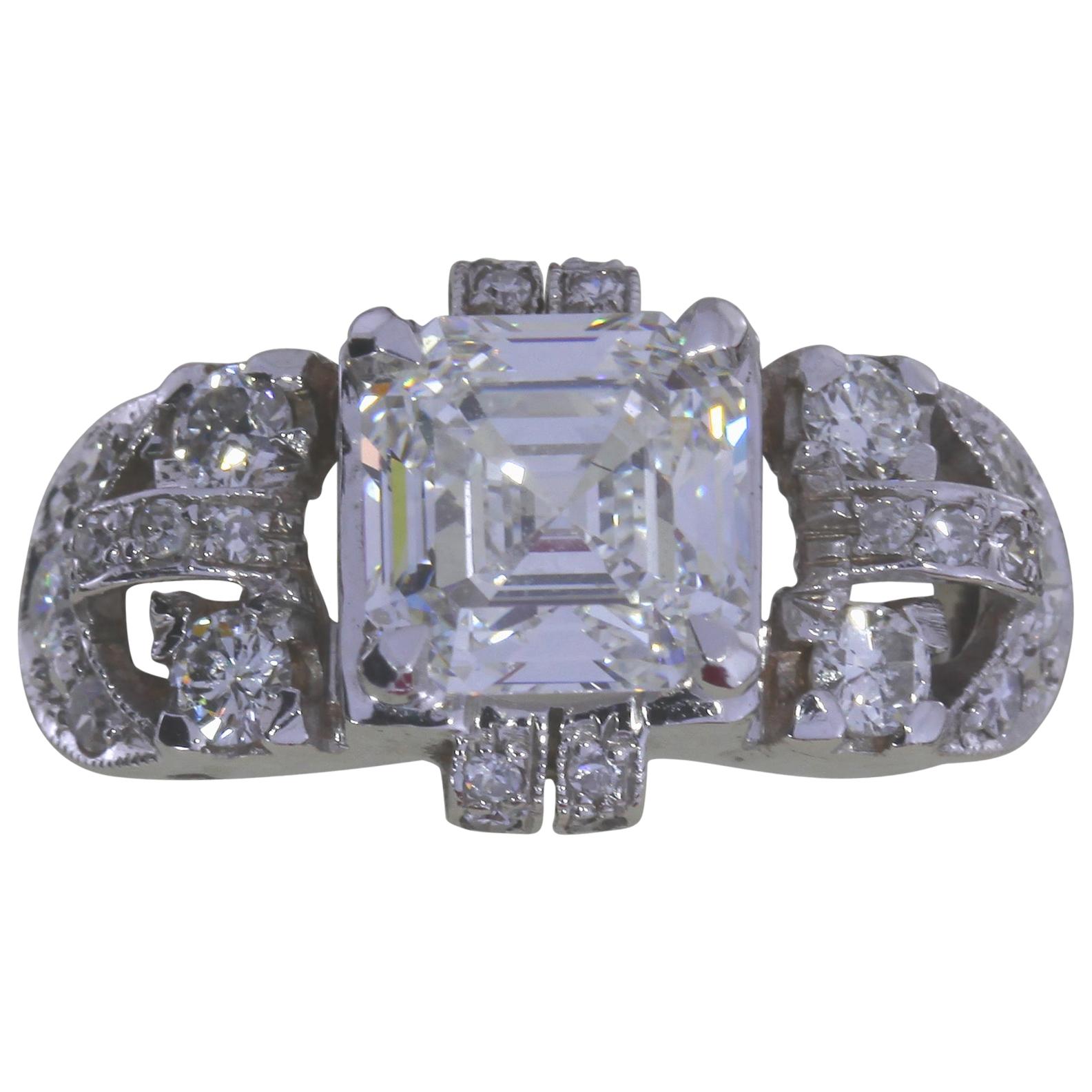 GIA Certified 3.02 Carat Asscher Cut Diamond Art Nouveau Ring For Sale