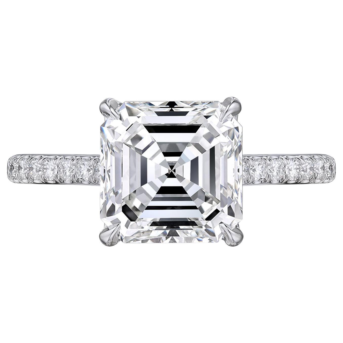 GIA Certified 3.02 Carat Asscher Cut Square Emerald Engagement Platinum Ring  For Sale