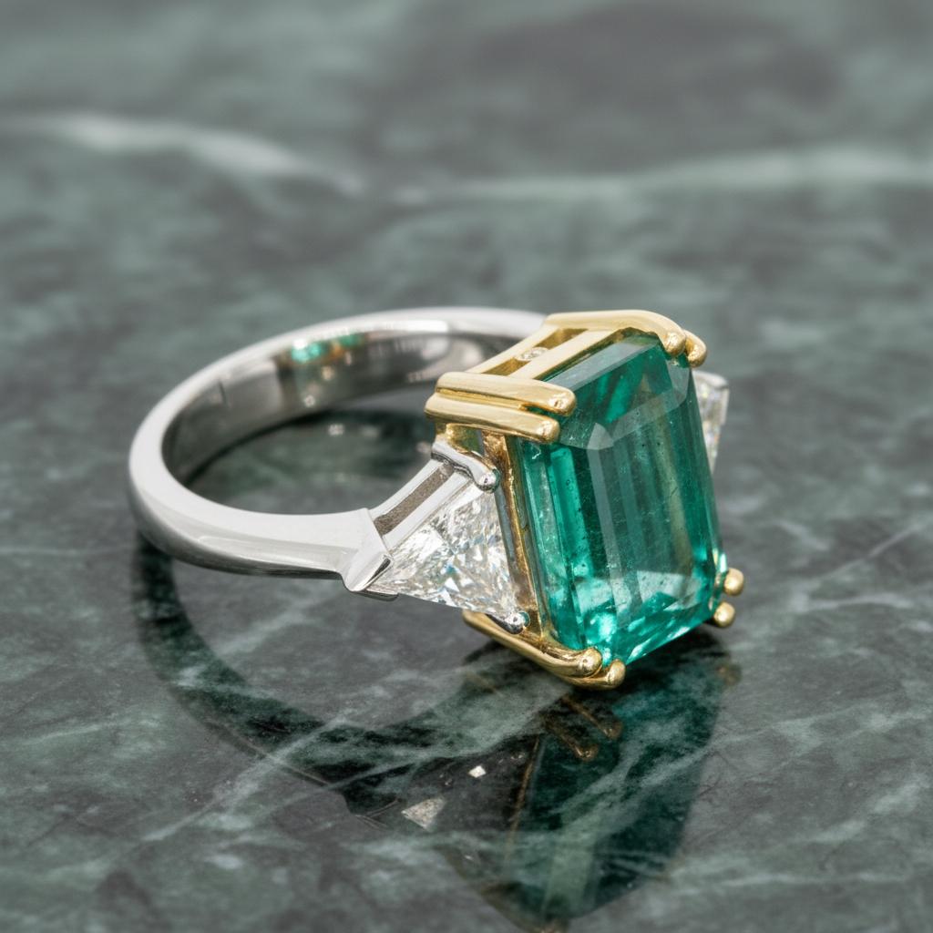 GIA-zertifiziert 3,02 Karat kolumbianischen Smaragd und Trillion Diamond Ring in Platin im Zustand „Neu“ im Angebot in Chicago, IL