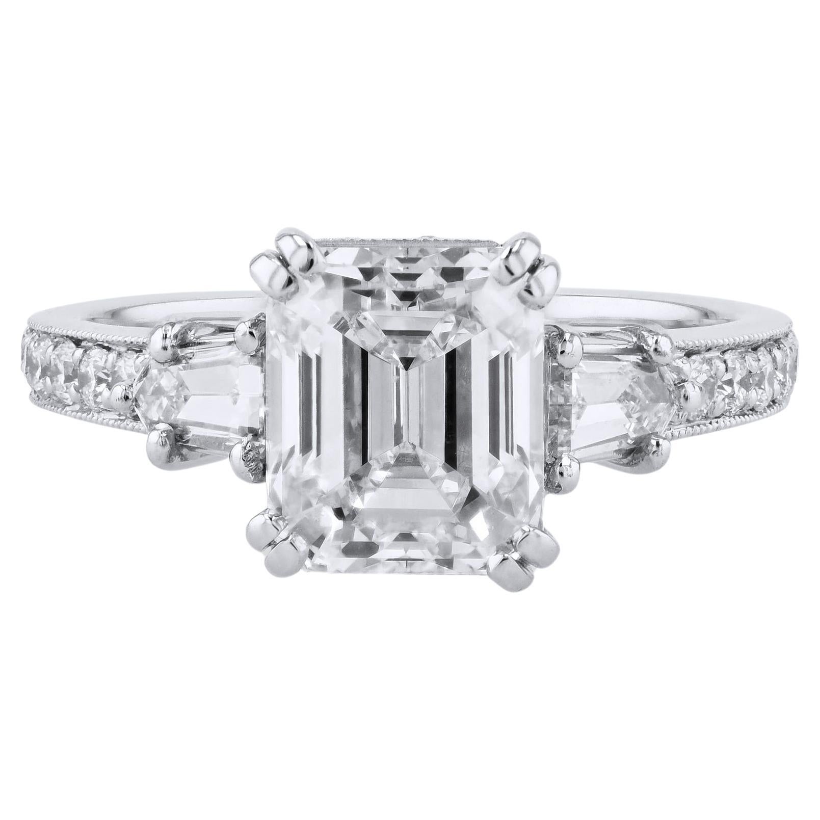 GIA Certified 3.02 Carat Emerald Cut Diamond Platinum Engagement Ring