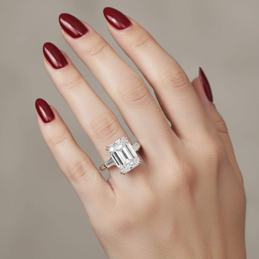 Contemporaneo Anello con diamante taglio smeraldo certificato GIA da 3,02 carati con baguette affusolate in vendita