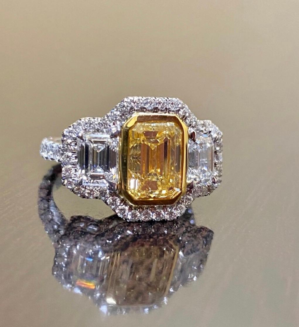 Art Deco GIA Certified 3.02 Carat Emerald Cut Fancy Yellow Diamond Engagement Ring For Sale