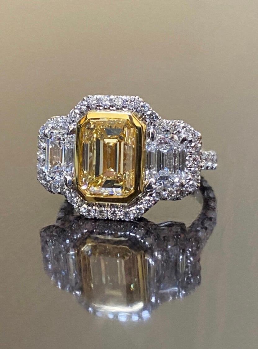 GIA Certified 3.02 Carat Emerald Cut Fancy Yellow Diamond Engagement Ring In New Condition For Sale In Los Angeles, CA