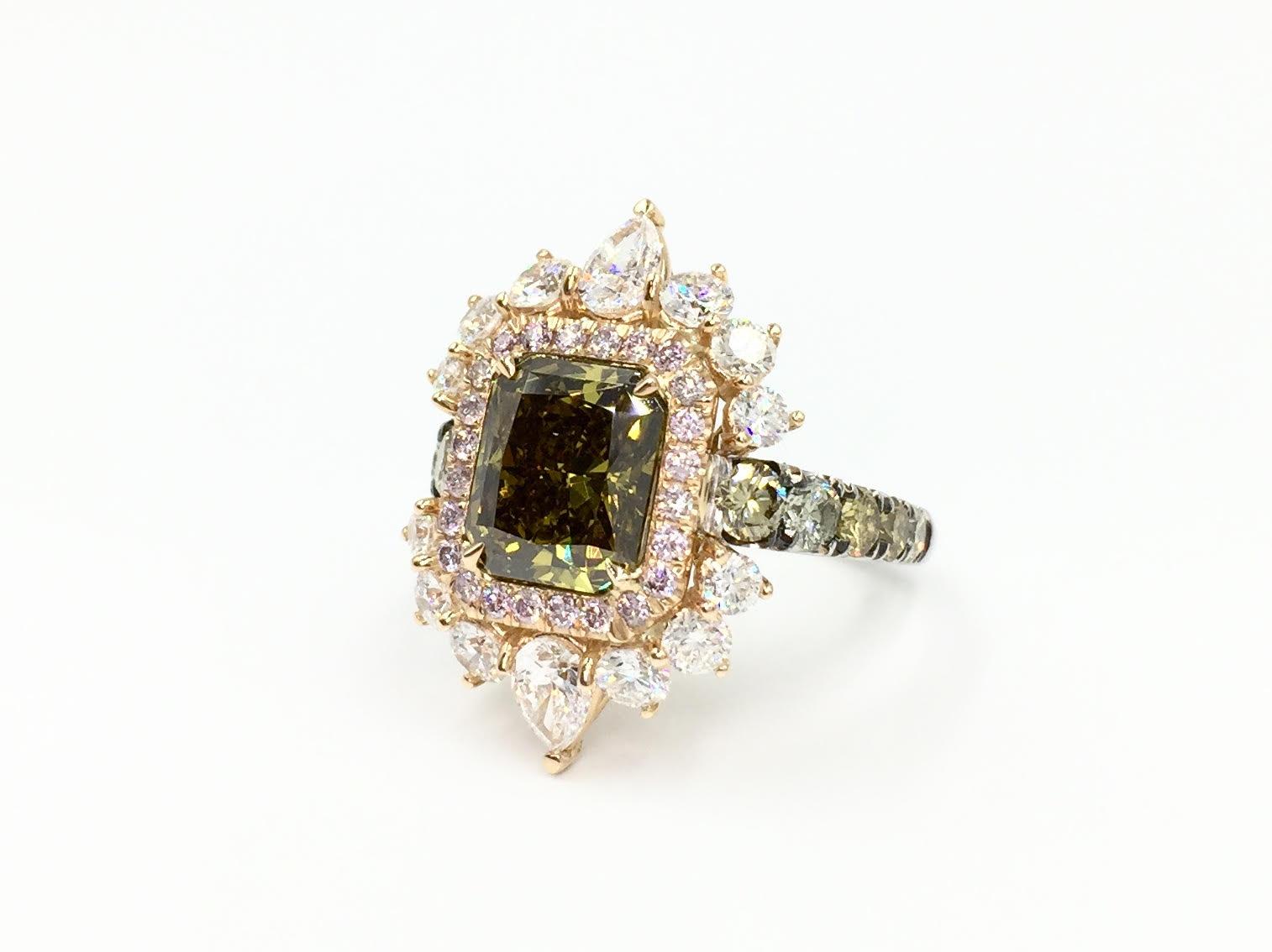 High Victorian GIA Certified 3.02 Carat Fancy Brown-Greenish Yellow Diamond Cocktail Ring