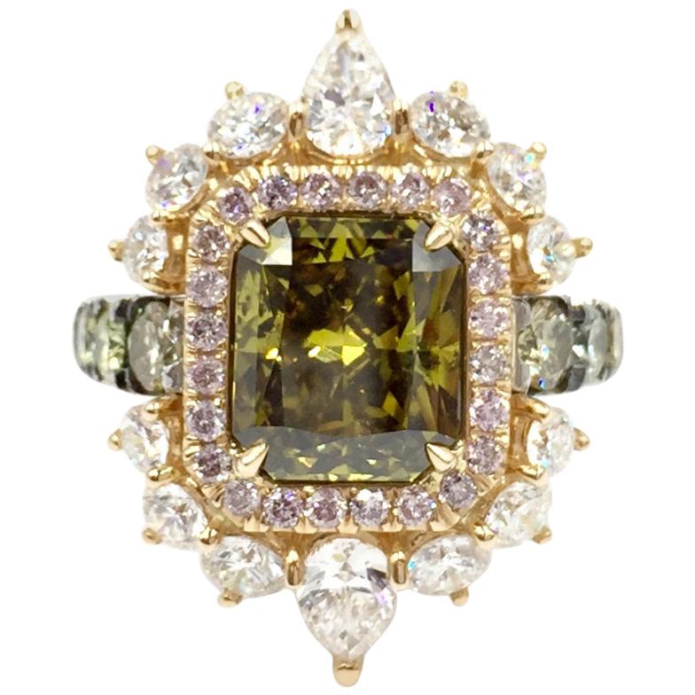 GIA Certified 3.02 Carat Fancy Brown-Greenish Yellow Diamond Cocktail Ring