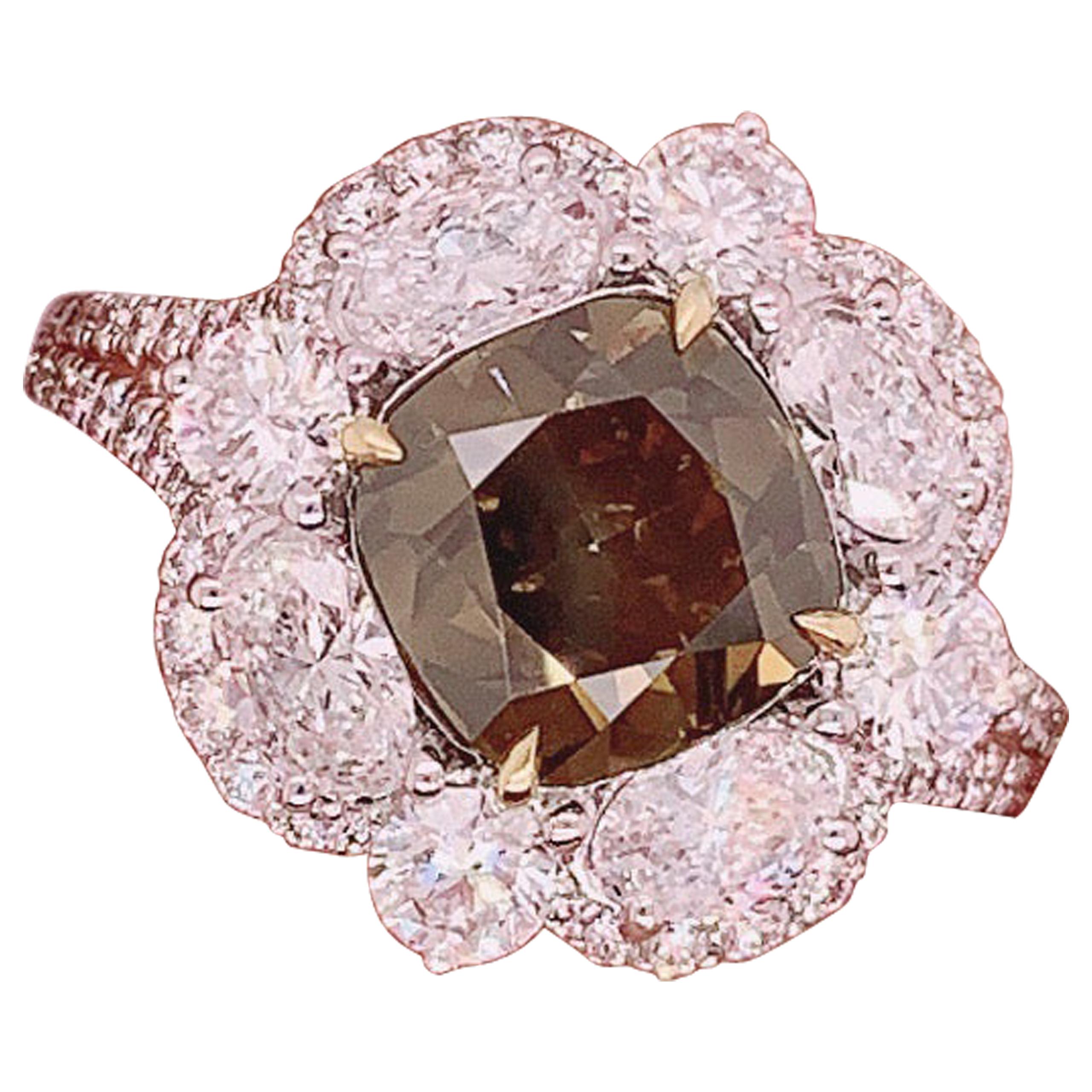 GIA Certified 3.02 Carat Fancy Dark Brown-Greenish Yellow Diamond Gold Ring For Sale