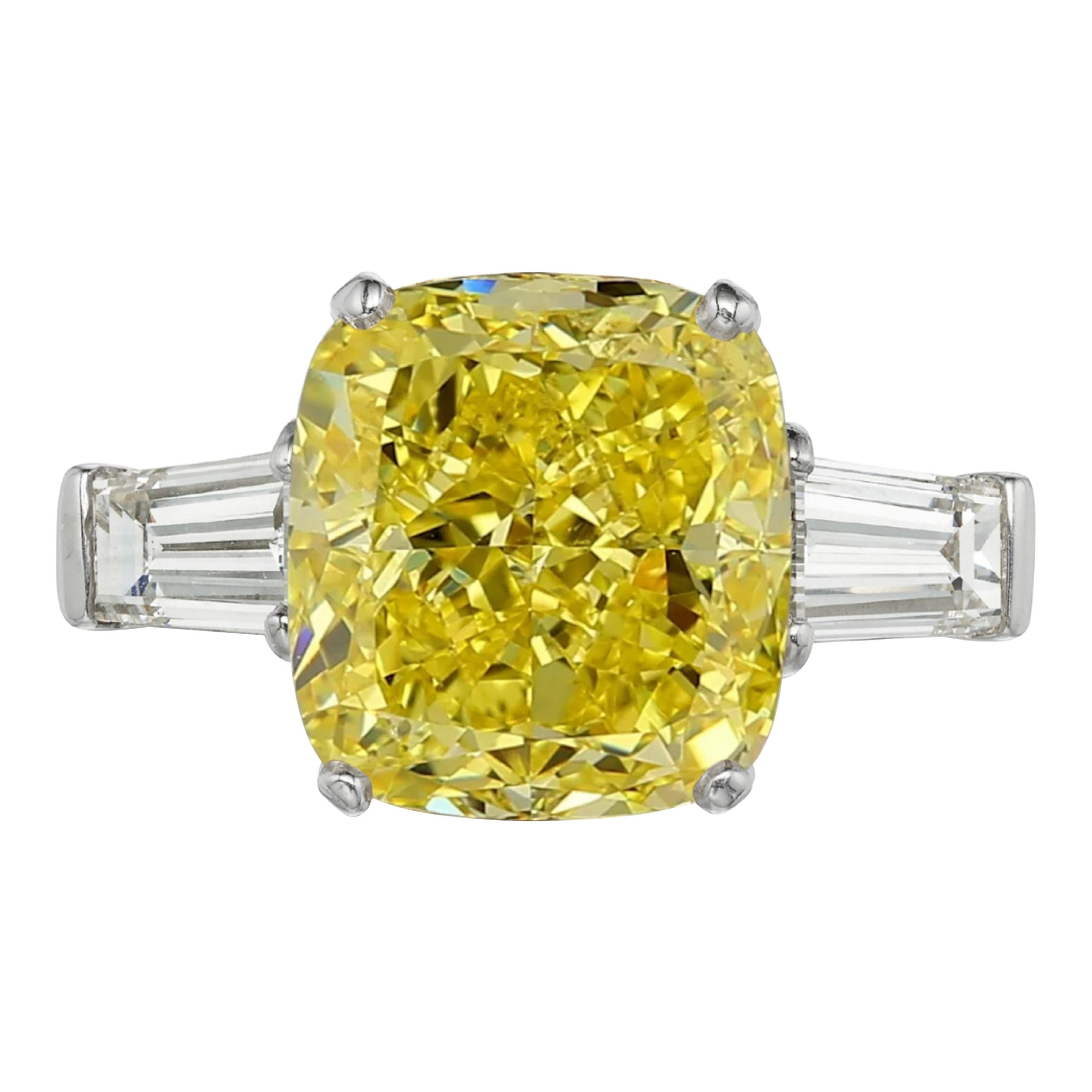 GIA Certified 3.70 Carat Fancy Light Yellow Cushion Diamond Ring VVS1