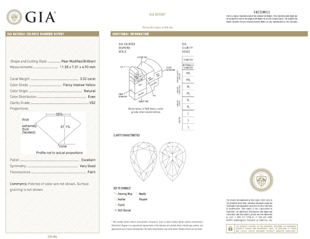Pear Cut GIA Certified 3.02 Carat Fancy Intense Yellow Pear Diamond Ring For Sale