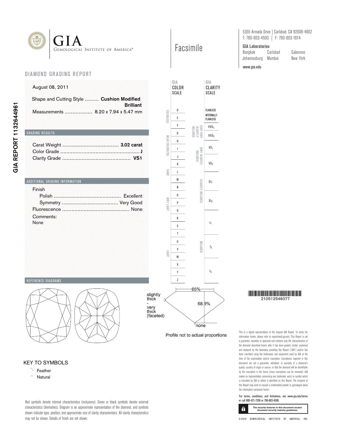 GIA Certified 3.02 Carat J VS1 Cushion Platinum Diamond Engagement Ring 3