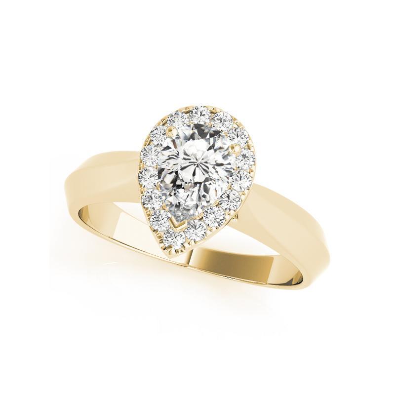GIA Certified 3.02 Carat Knife Edge Band Pear Halo 18K Yellow Gold Diamond Ring In New Condition For Sale In New York, NY