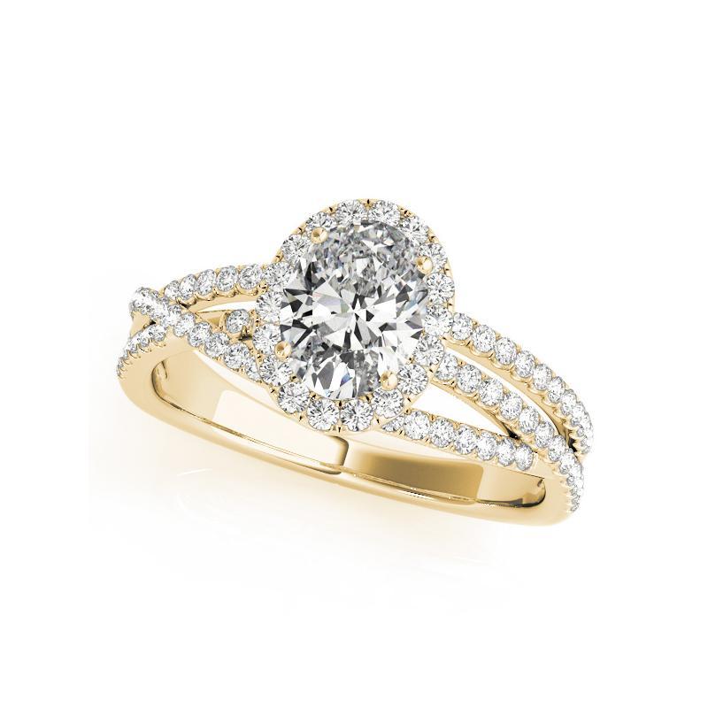 Taille ovale GIA Certified 3.02 Carat Oval Halo Triple Pave Band Yellow Gold Diamond Ring en vente