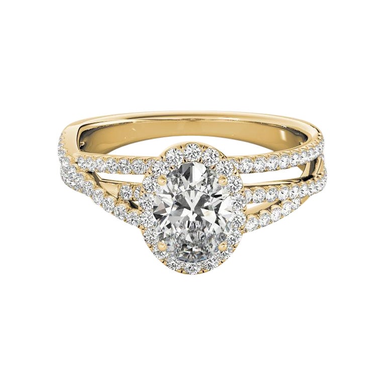 GIA Certified 3.02 Carat Oval Halo Triple Pave Band Yellow Gold Diamond Ring en vente
