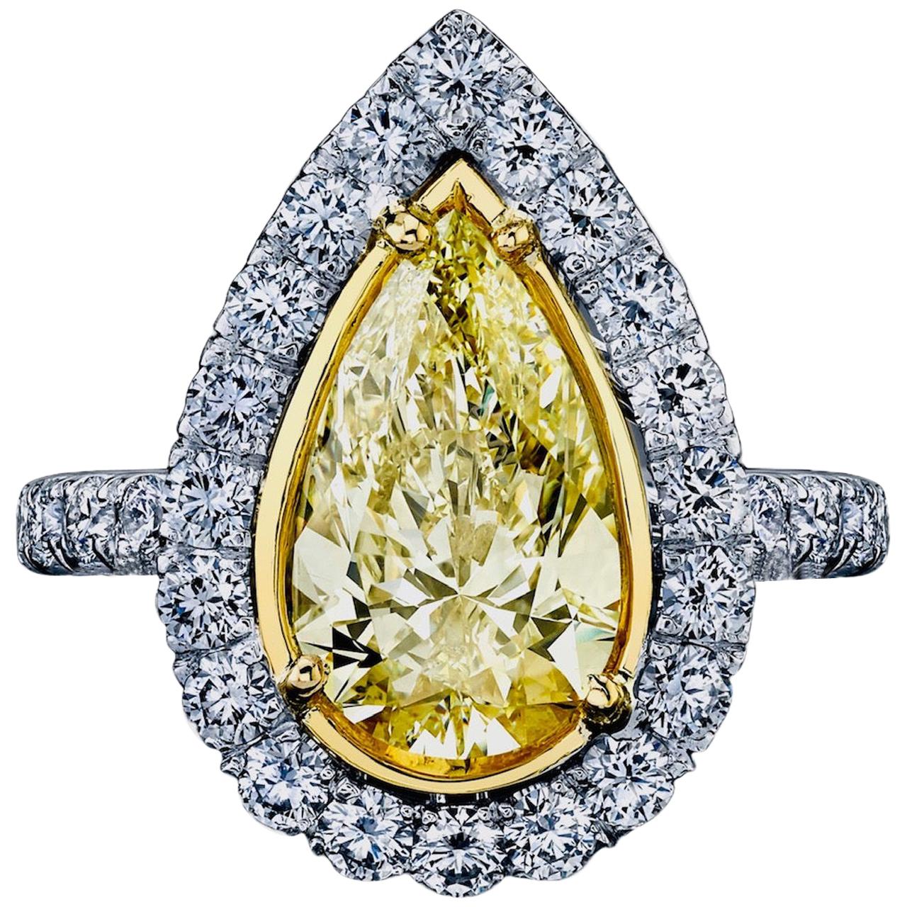 GIA Certified 3.02 Carat Pear Shape Yellow Diamond Ring