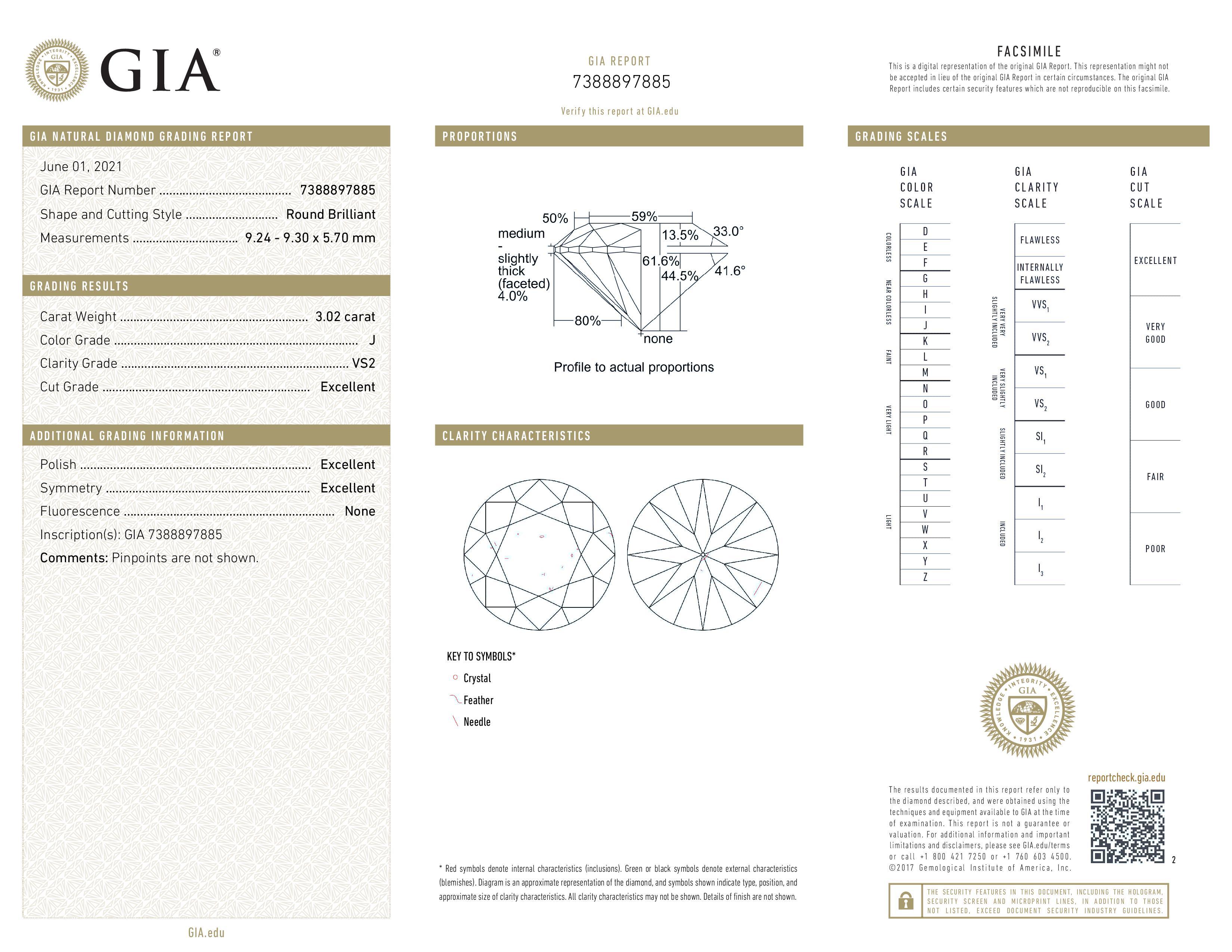 Platinring mit GIA-zertifiziertem 3,02 Karat Diamant im runden Brillantschliff (Rundschliff)
