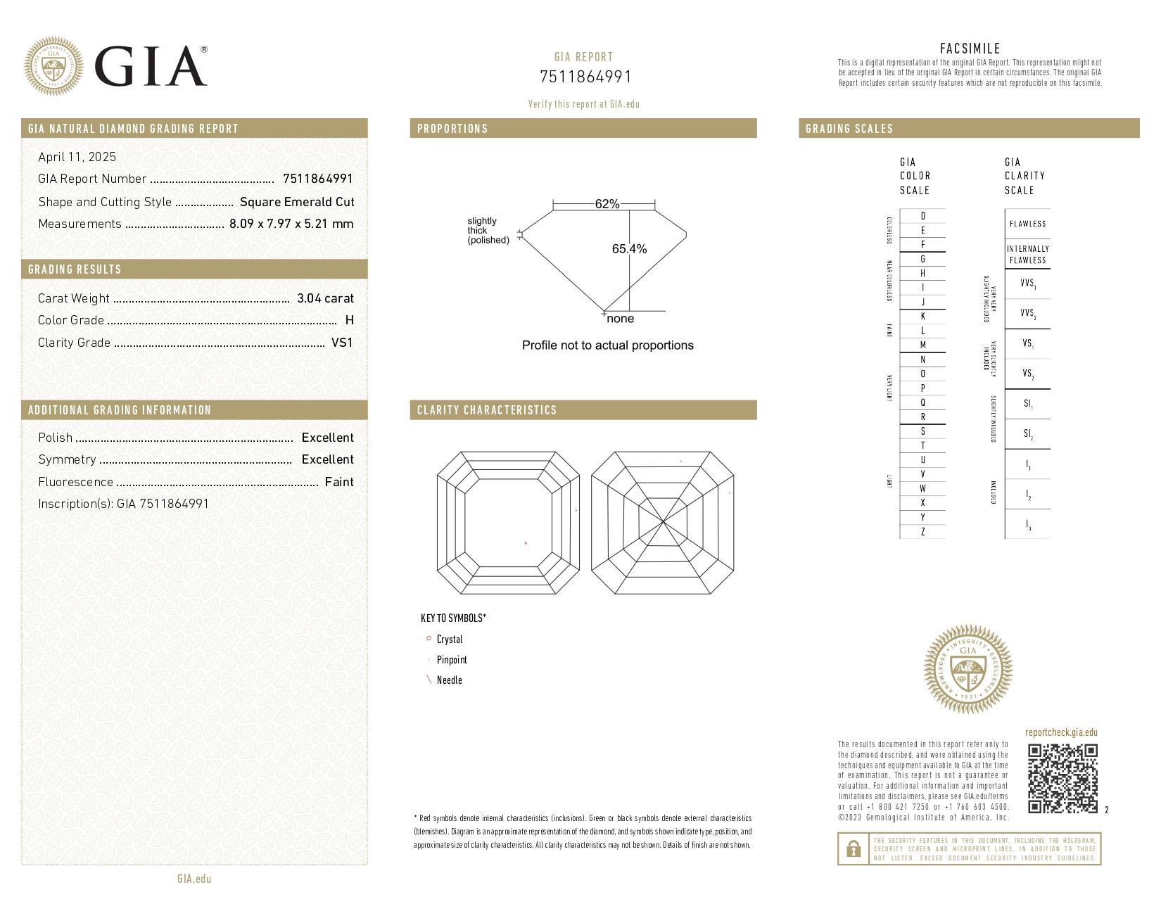 Taille carrée Diamant carré taille émeraude certifié GIA de 3,02 carats de pureté IF avec trillion en vente
