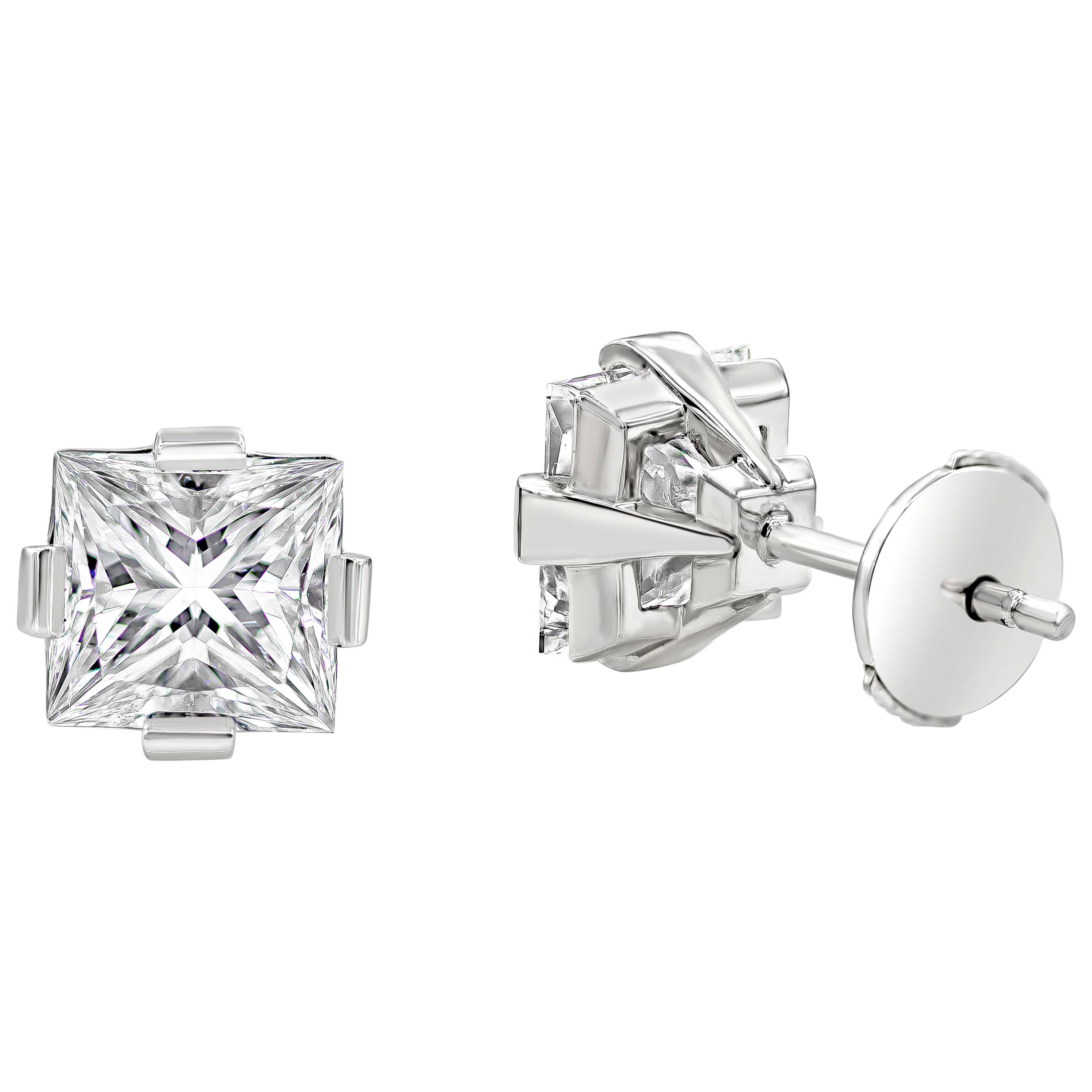 GIA Certified 3.02 Carat Total Princess Cut Diamond Compass Set Stud Earrings For Sale