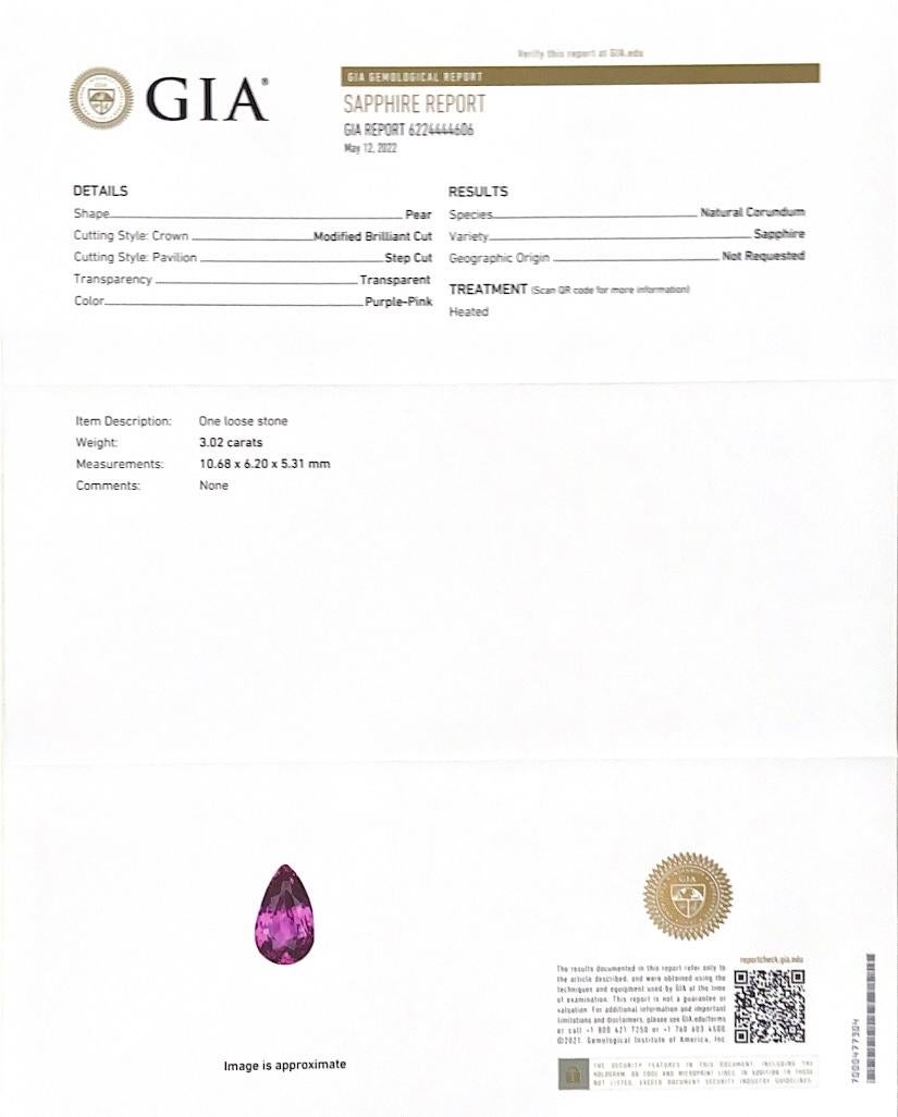 Identification: Natural Pink Sapphire

• Carat: 3.02 carats
• Shape: Pear
• Measurement: 10.68 x 6.20 x 5.31 mm
• Color: purple-pink
• Cut: Modified Brilliant/step
• Color Zoning: None
• Clarity: very eye clean
• Treatment: Heated

Pink, a color