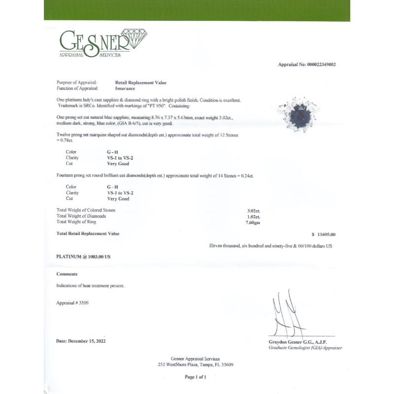 GIA Certified 3.02 ct Platinum Sapphire Ring - Ceylon Blue Sapphire Origin Repor For Sale 5