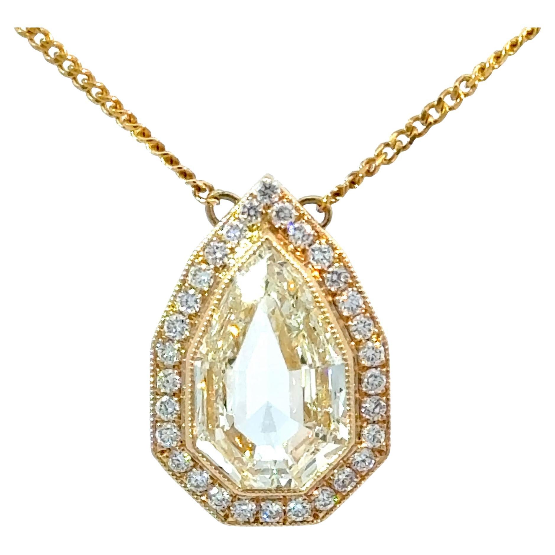 GIA Certified 3.02 Light Yellow Pear Step Cut Diamond Art Deco Style Pendant For Sale