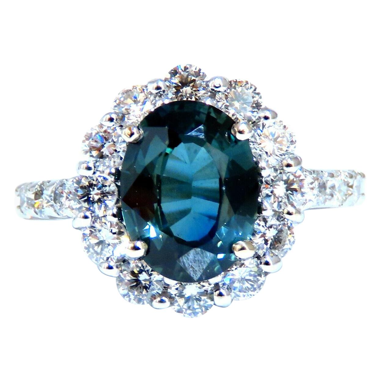 GIA Certified 3.03 Carat Green Blue Sapphire Diamond Ring Fine For Sale
