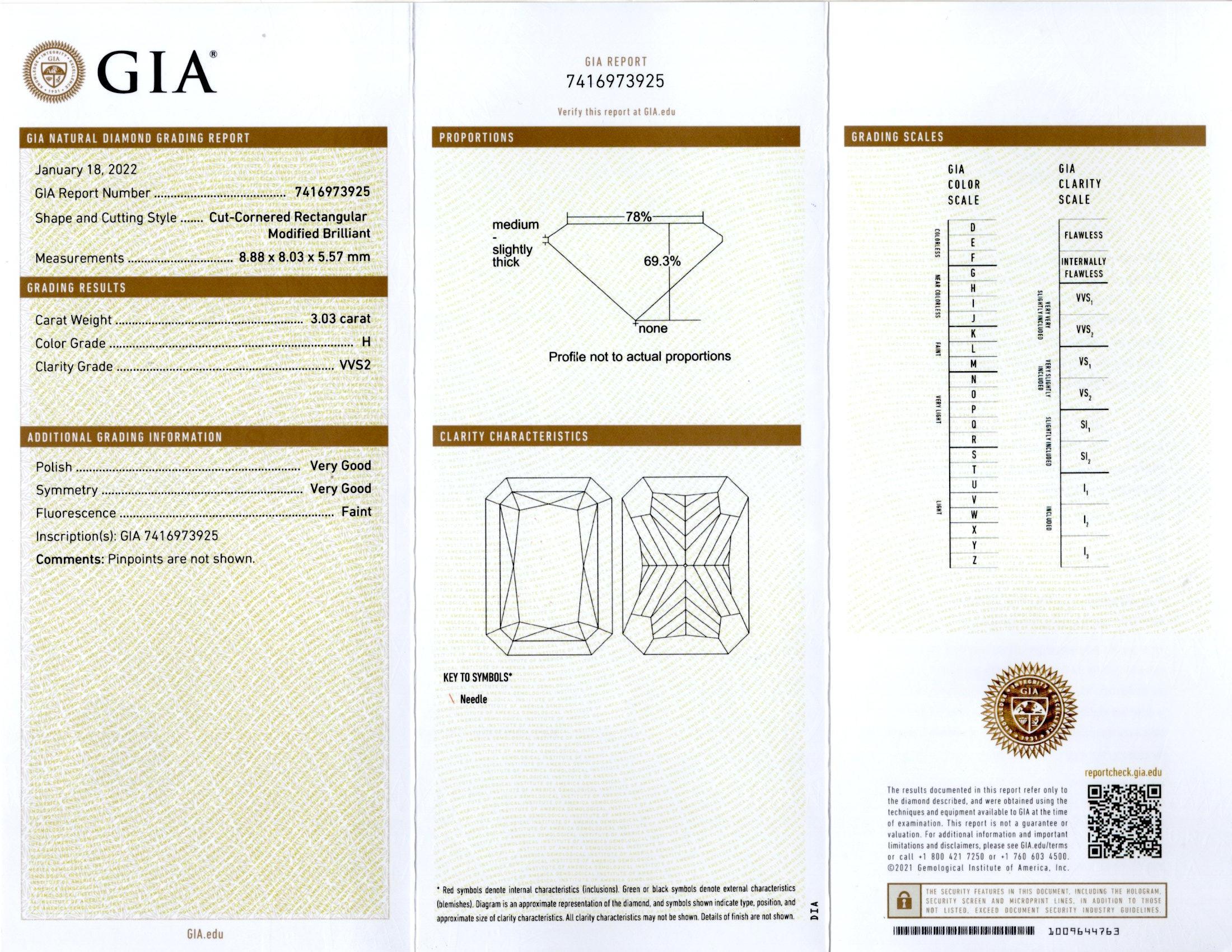 GIA Certified 3.03 Carat, H Color, VVS2 Clarity, Cut-Cornered Rectangular Modified Brilliant Cut (Radiant) Loose Natural Diamond. Untreated.

Certificate: GIA Report #7416973925.

Item Details:
- Item Type: Loose Diamond
- Shape and Cutting Style: