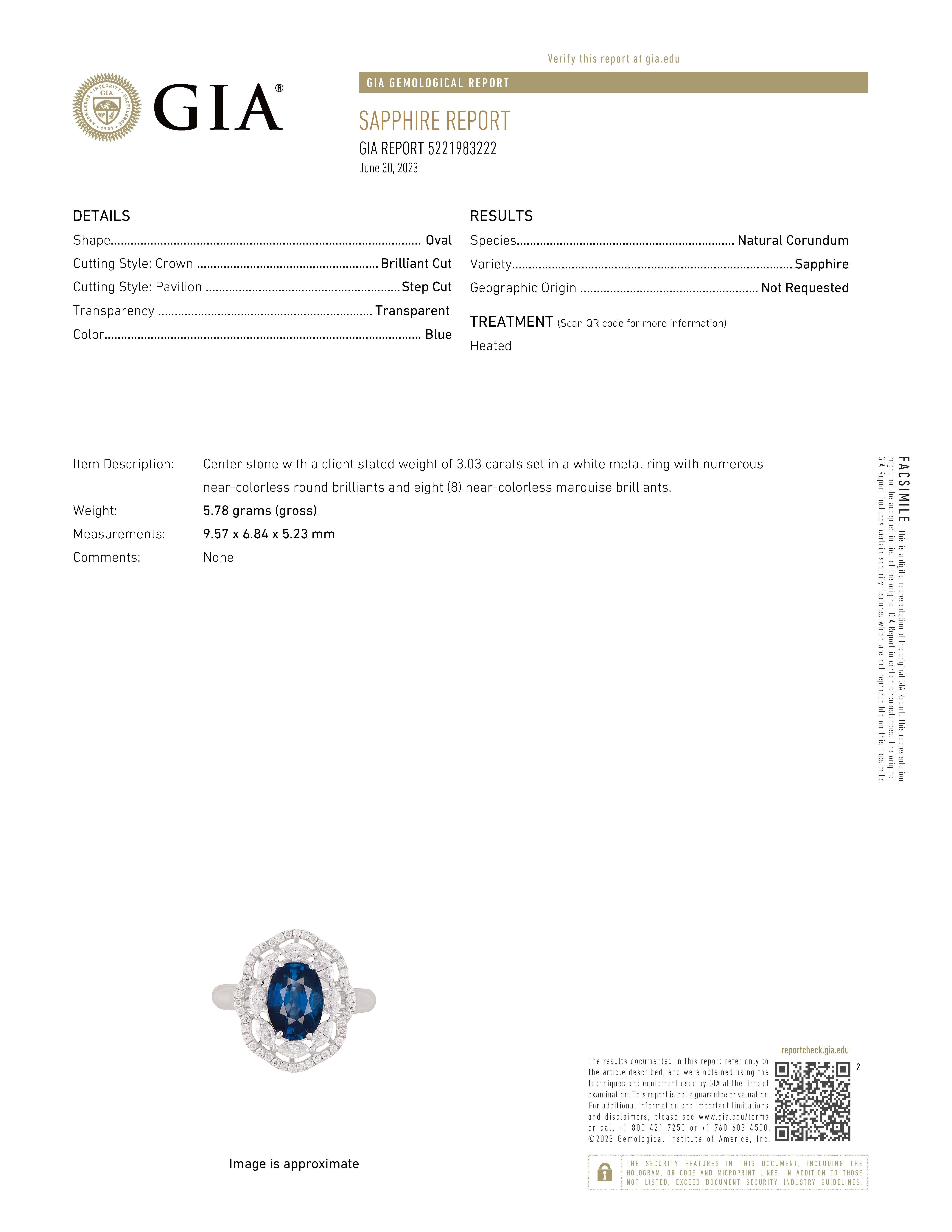 GIA Certified 3.03 Carat Natural Blue Sapphire and Diamond Ring For Sale 3