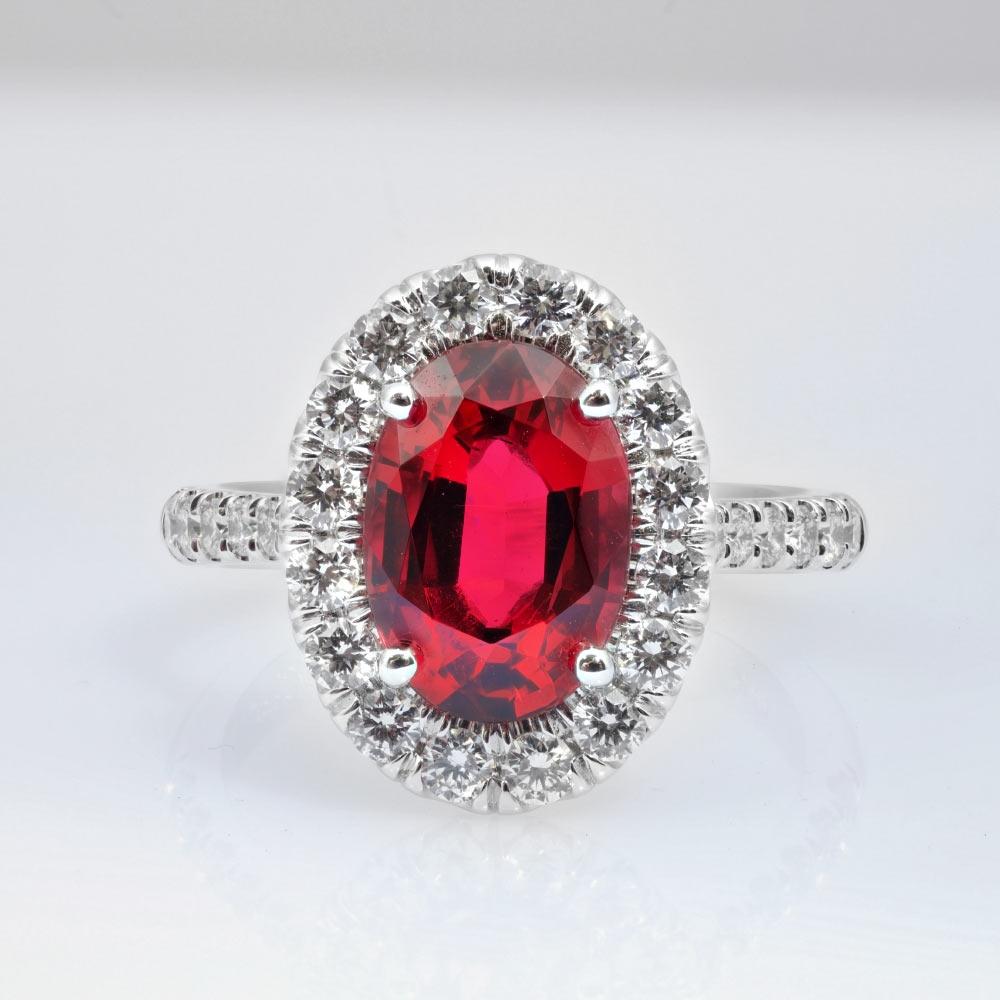 GIA Certified Natural Red Spinel 3.03 Carat  in 14K White Gold Ring with Diamond In New Condition For Sale In Los Angeles, CA