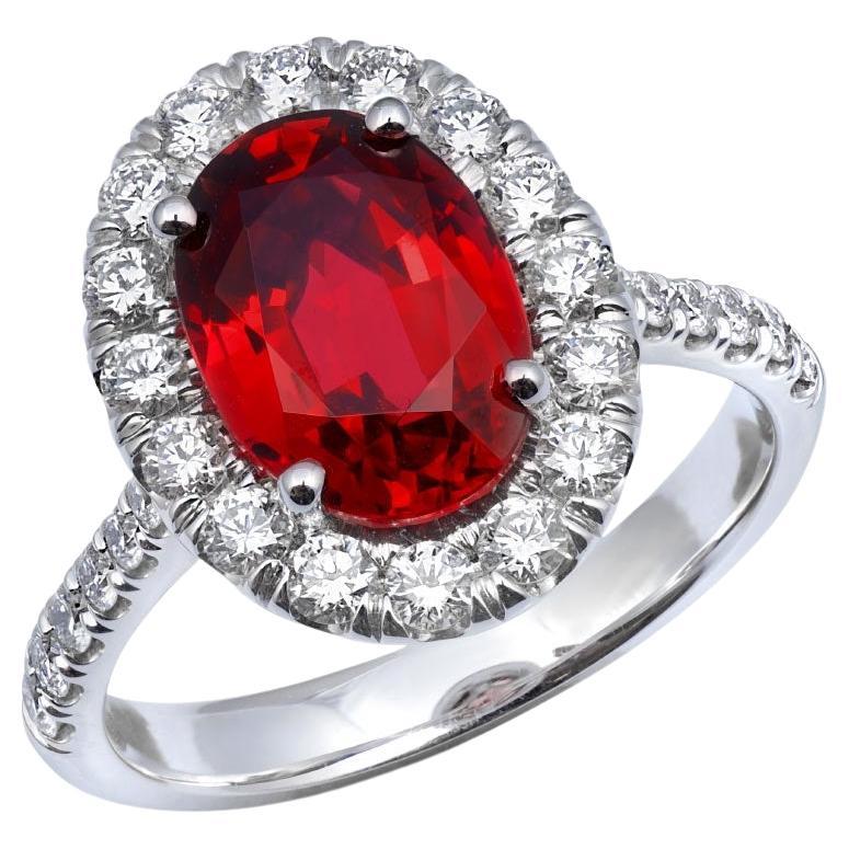 GIA Certified Natural Red Spinel 3.03 Carat  in 14K White Gold Ring with Diamond For Sale