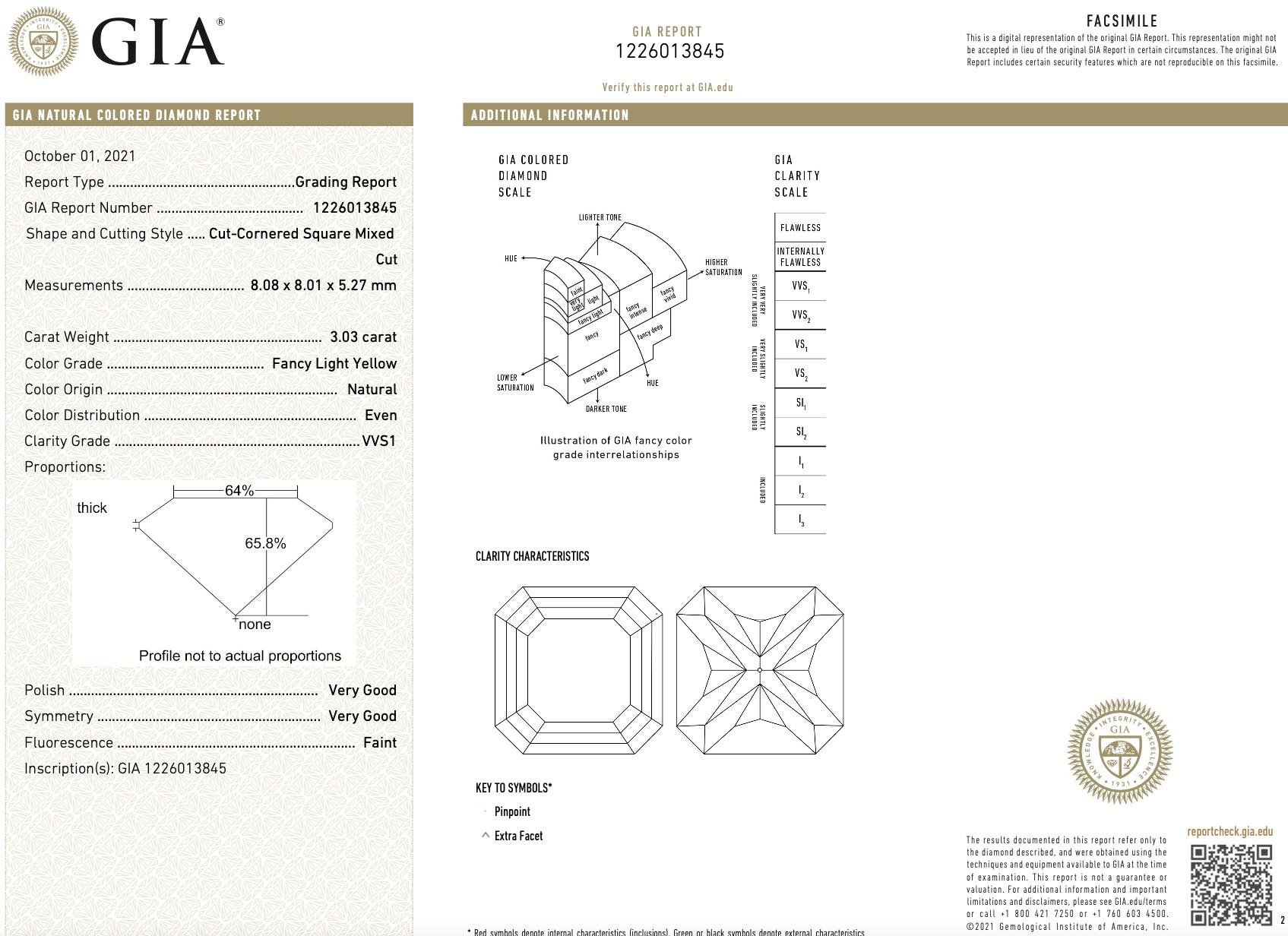 Women's GIA Certified 3.03 Carat Radiant Cut Yellow Diamond 3 Stone Ring For Sale