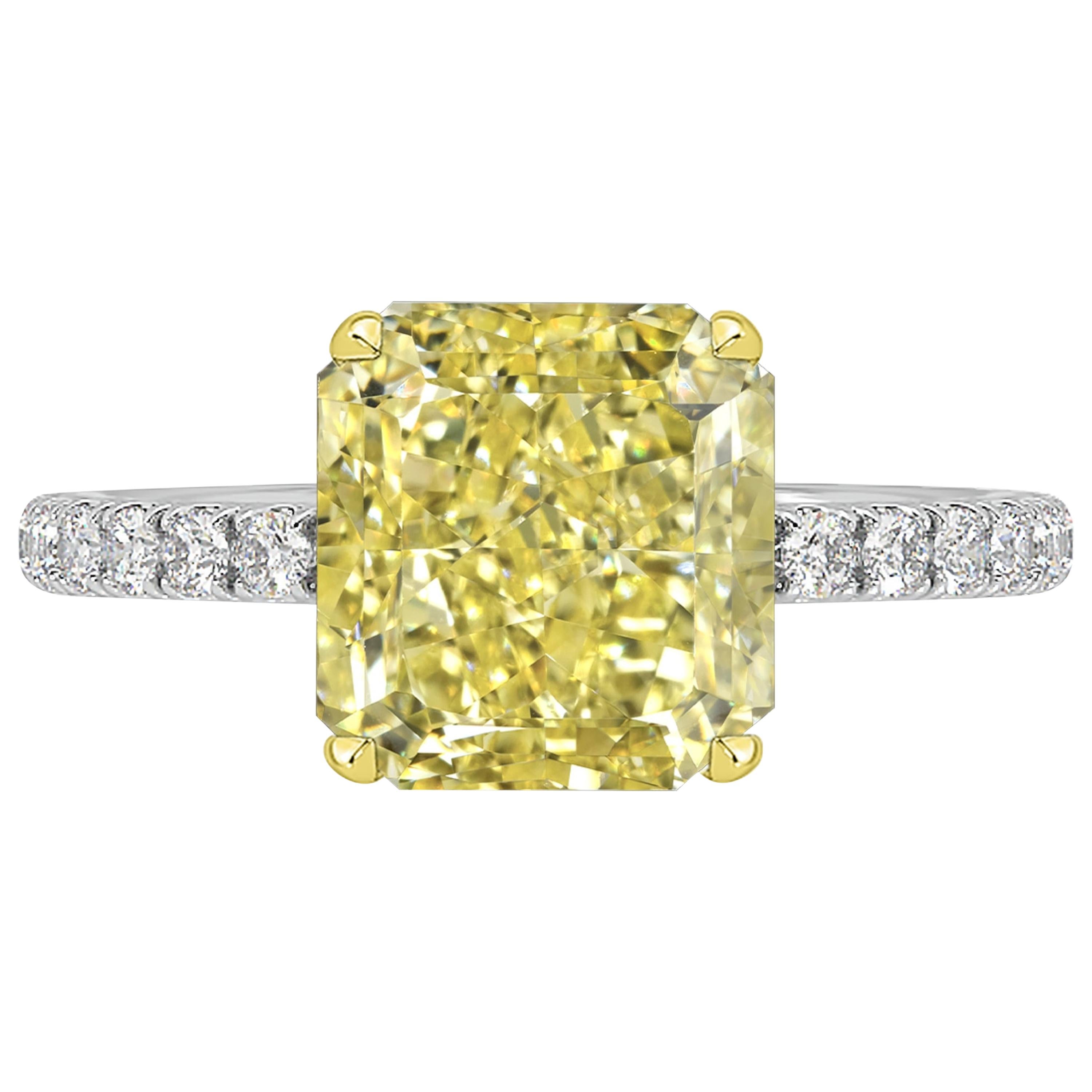 GIA Certified 3.03 Carat Radiant Cut Yellow Diamond Ring For Sale