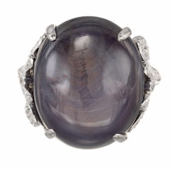 GIA Certified 30.37 Carat Oval Cabochon Star Sapphire Diamond Platinum Ring