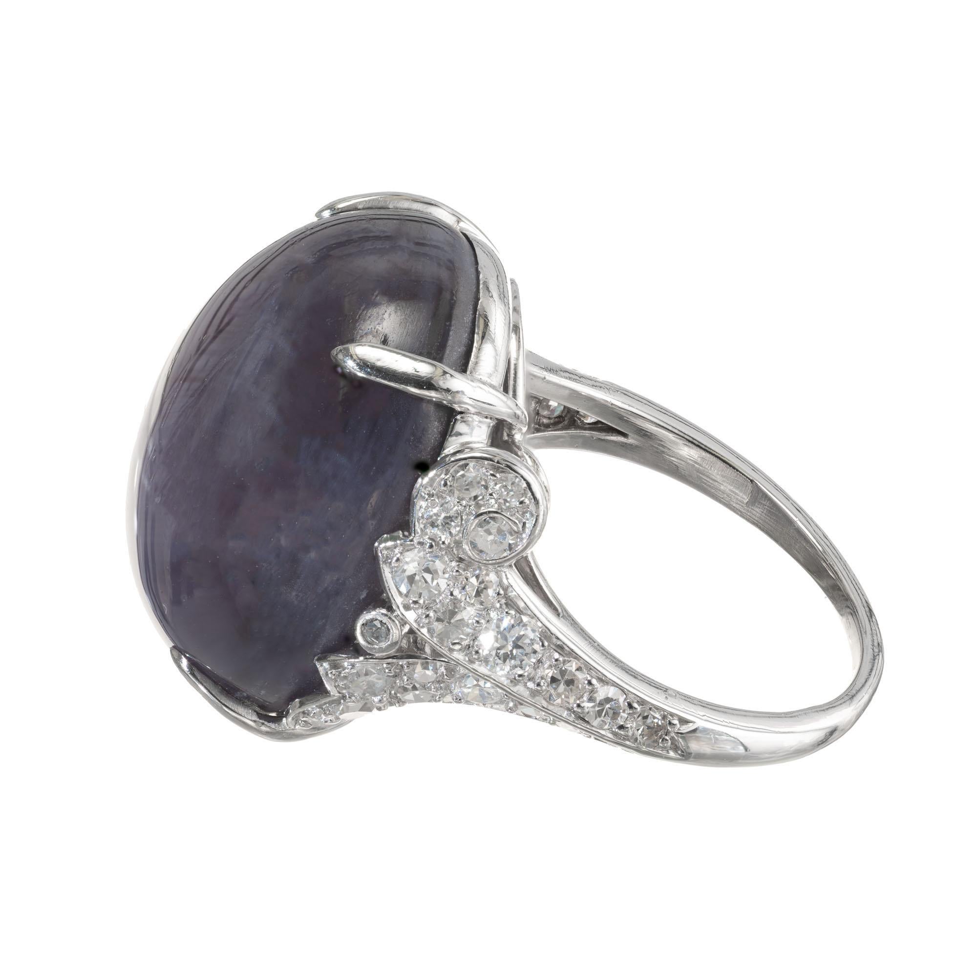 Oval Cut GIA Certified 30.37 Carat Oval Cabochon Star Sapphire Diamond Platinum Ring For Sale